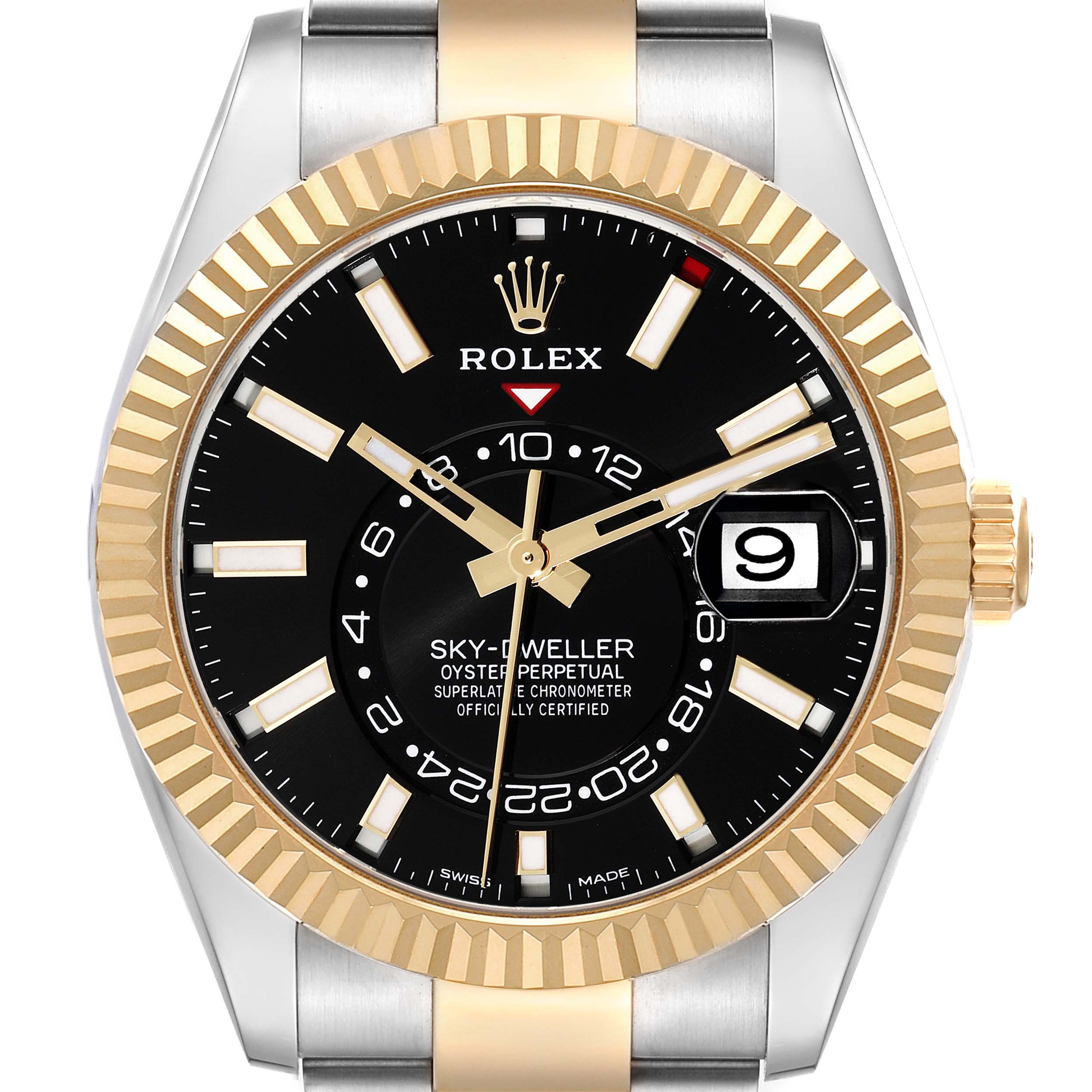 This image shows a front view of the Rolex Sky-Dweller 326933 Men
s Steel and Gold (two tone) Black Dial 326933 Men
s Steel and Gold (two tone) Black Dial watch, highlighting its black dial, gold and silver bezel, and date display.
