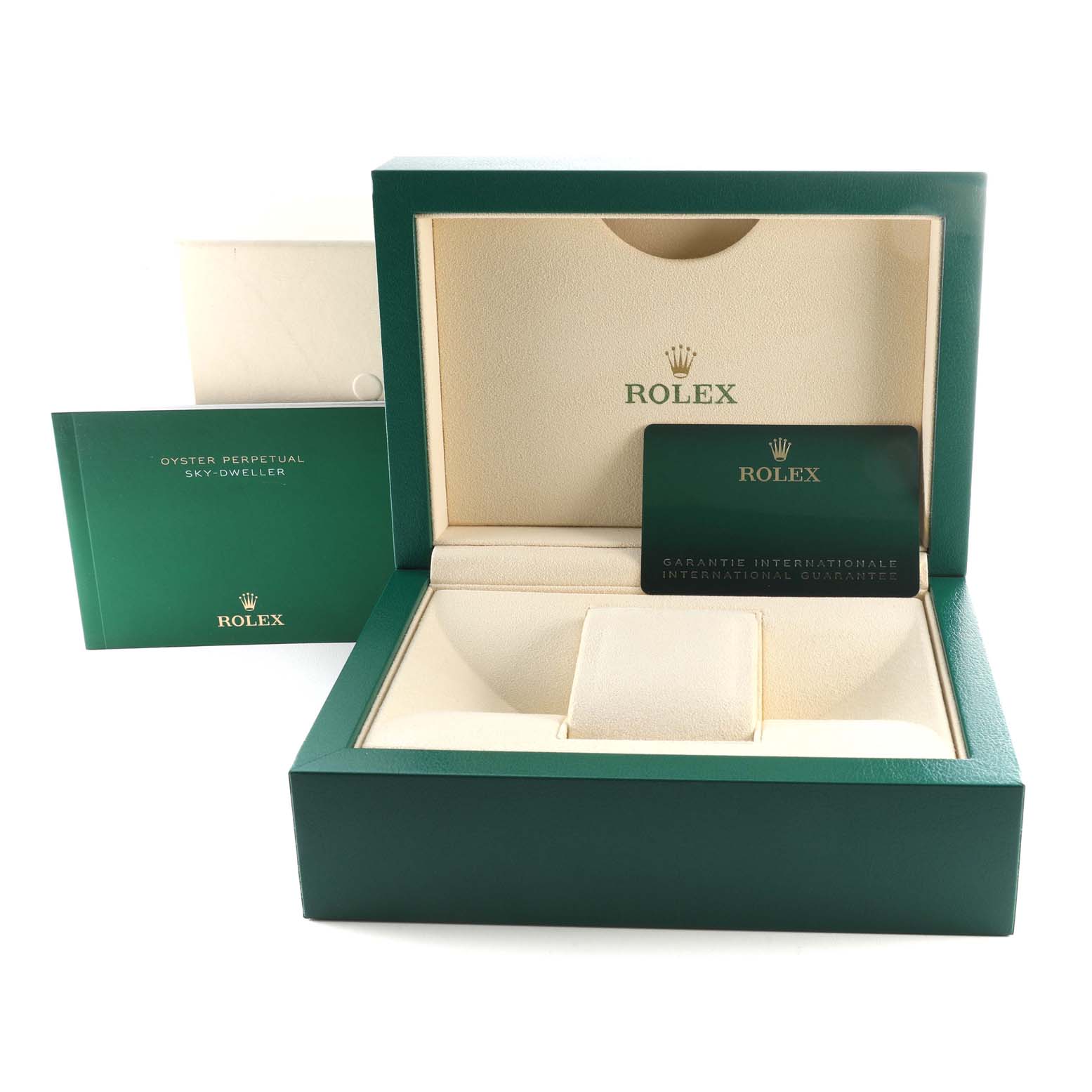 The image shows an open Rolex Sky-Dweller 326933 Men
s Steel and Gold (two tone) Black Dial 326933 Men
s Steel and Gold (two tone) Black Dial watch box with certification and warranty card visible from the front angle.