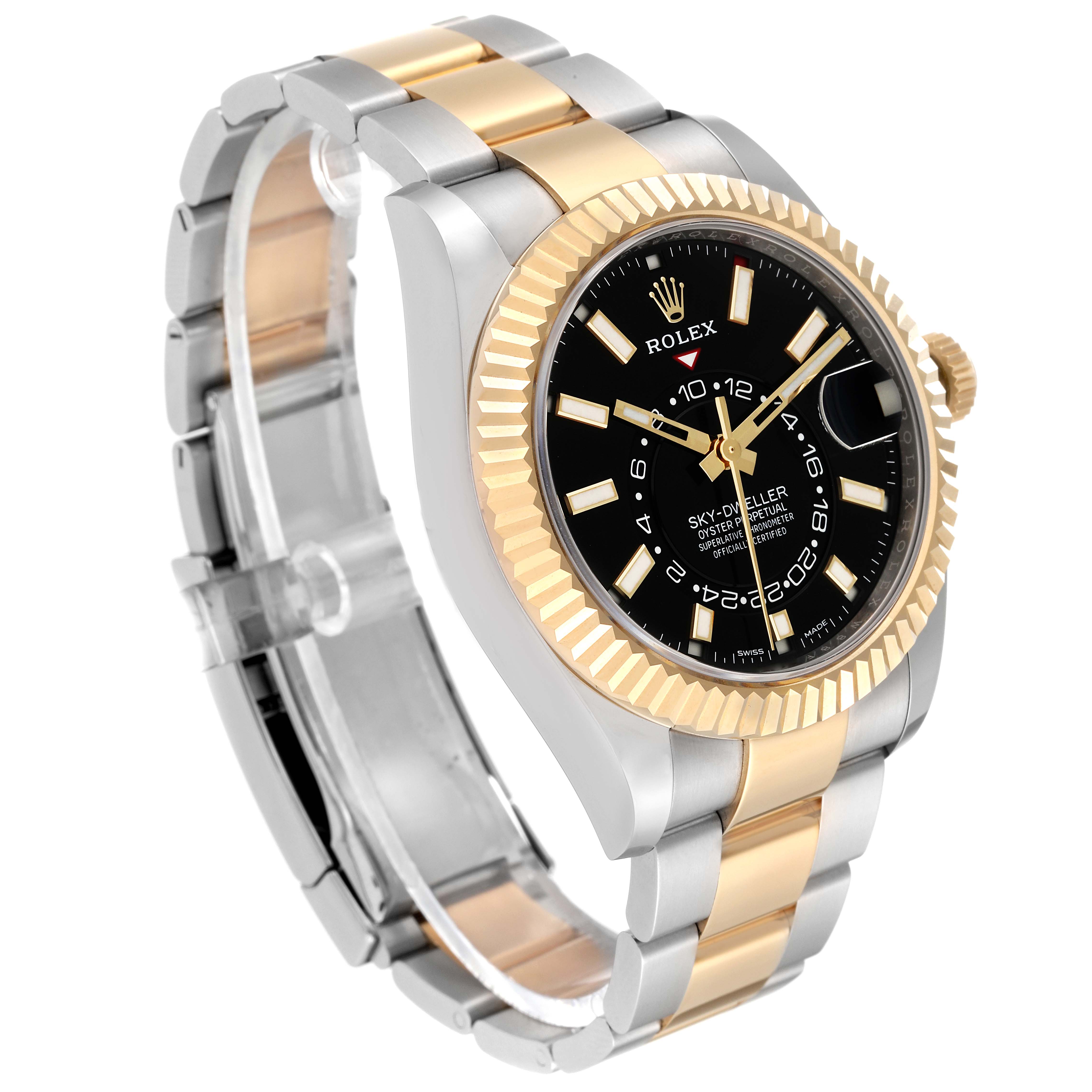 The Rolex Sky-Dweller 326933 Men
s Steel and Gold (two tone) Black Dial 326933 Men
s Steel and Gold (two tone) Black Dial watch is shown at a three-quarter angle, highlighting the black dial, two-tone bracelet, and fluted bezel.
