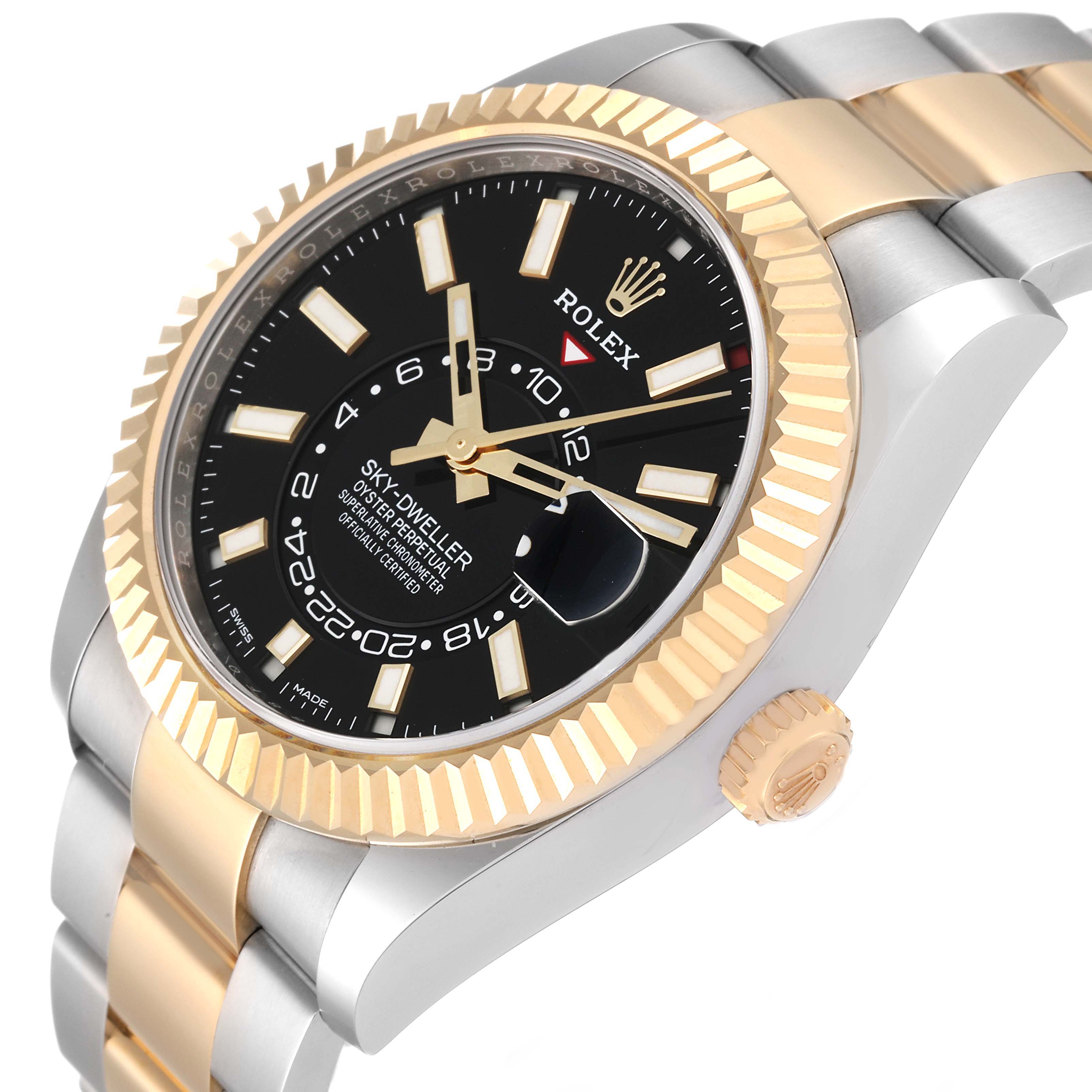 The image shows a Rolex Sky-Dweller 326933 Men
s Steel and Gold (two tone) Black Dial 326933 Men
s Steel and Gold (two tone) Black Dial watch at a slight angle, highlighting the face, bezel, crown, and part of the band.