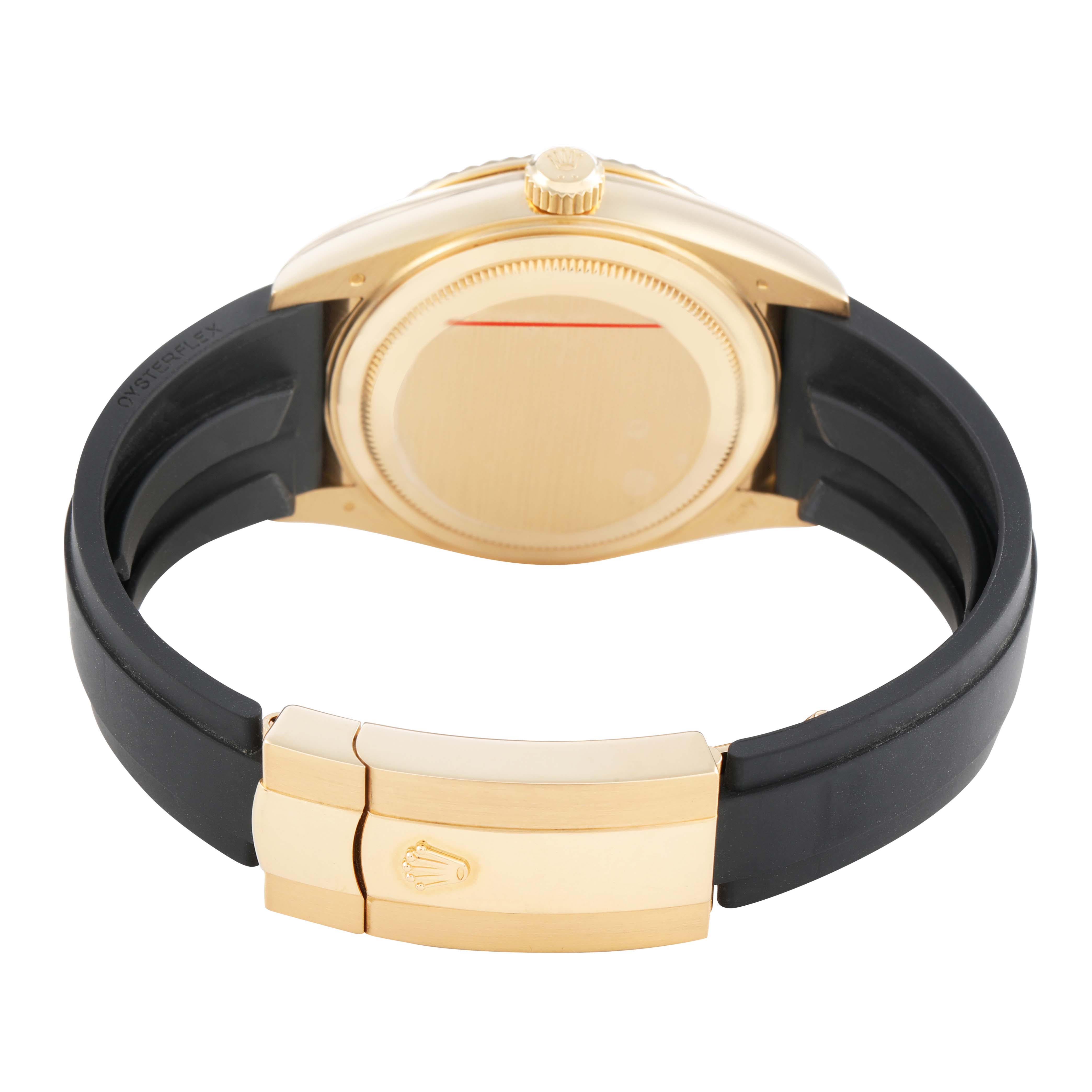 The image shows the back view of a Rolex Sky-Dweller 336238 Men's Yellow Gold Champagne Dial, highlighting the case, crown, and black strap with a gold clasp.