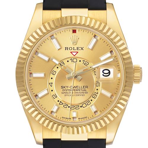 The Rolex Sky-Dweller 336238 Men's Yellow Gold Champagne Dial is shown from the front, highlighting its gold case, fluted bezel, and dial with date and dual time zone features.