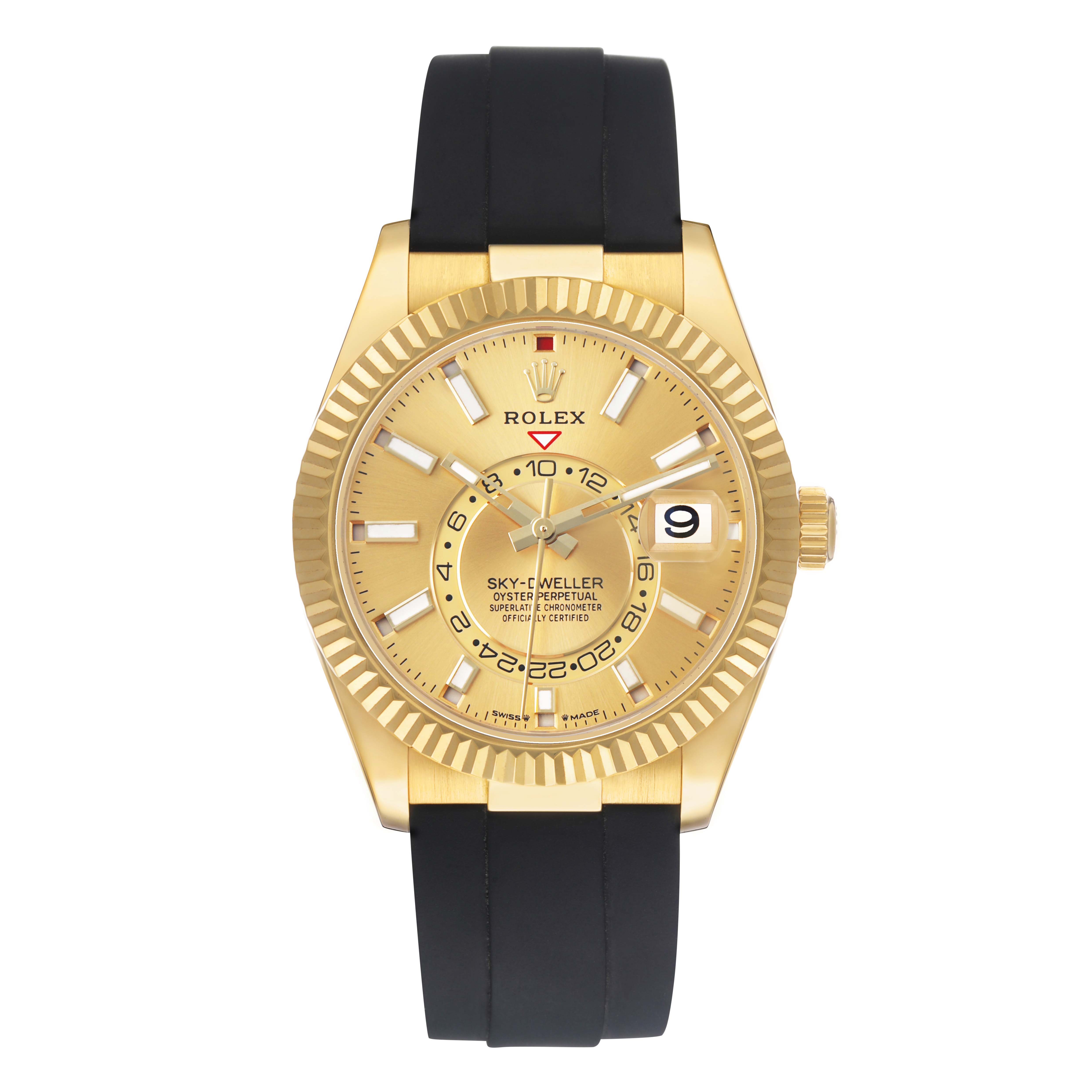 The Rolex Sky-Dweller 336238 Men's Yellow Gold Champagne Dial watch is shown from a frontal angle, displaying its gold case, black strap, and detailed dial.