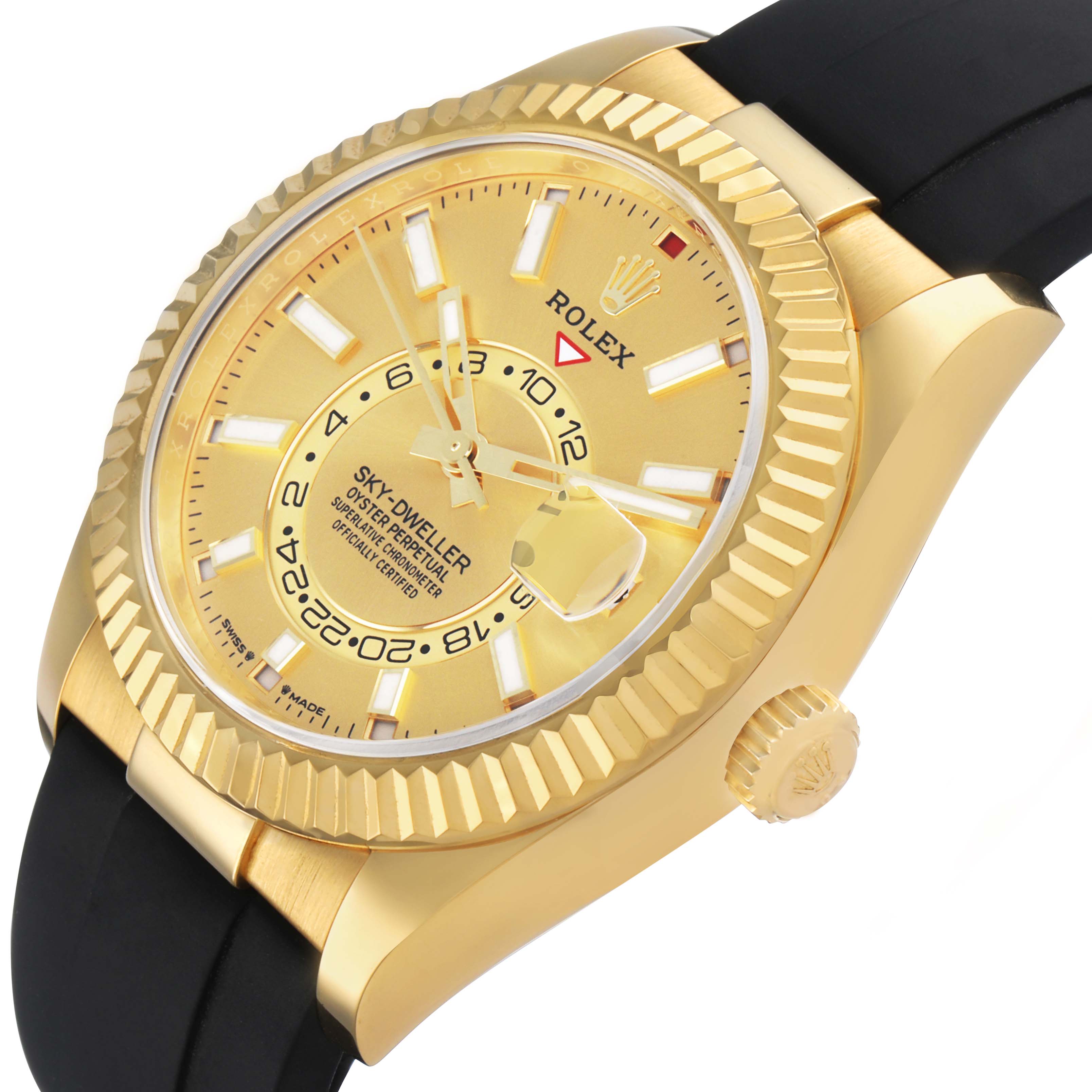The image shows a Rolex Sky-Dweller 336238 Men's Yellow Gold Champagne Dial watch at a tilted angle, highlighting the gold-toned dial, fluted bezel, crown, and black strap.