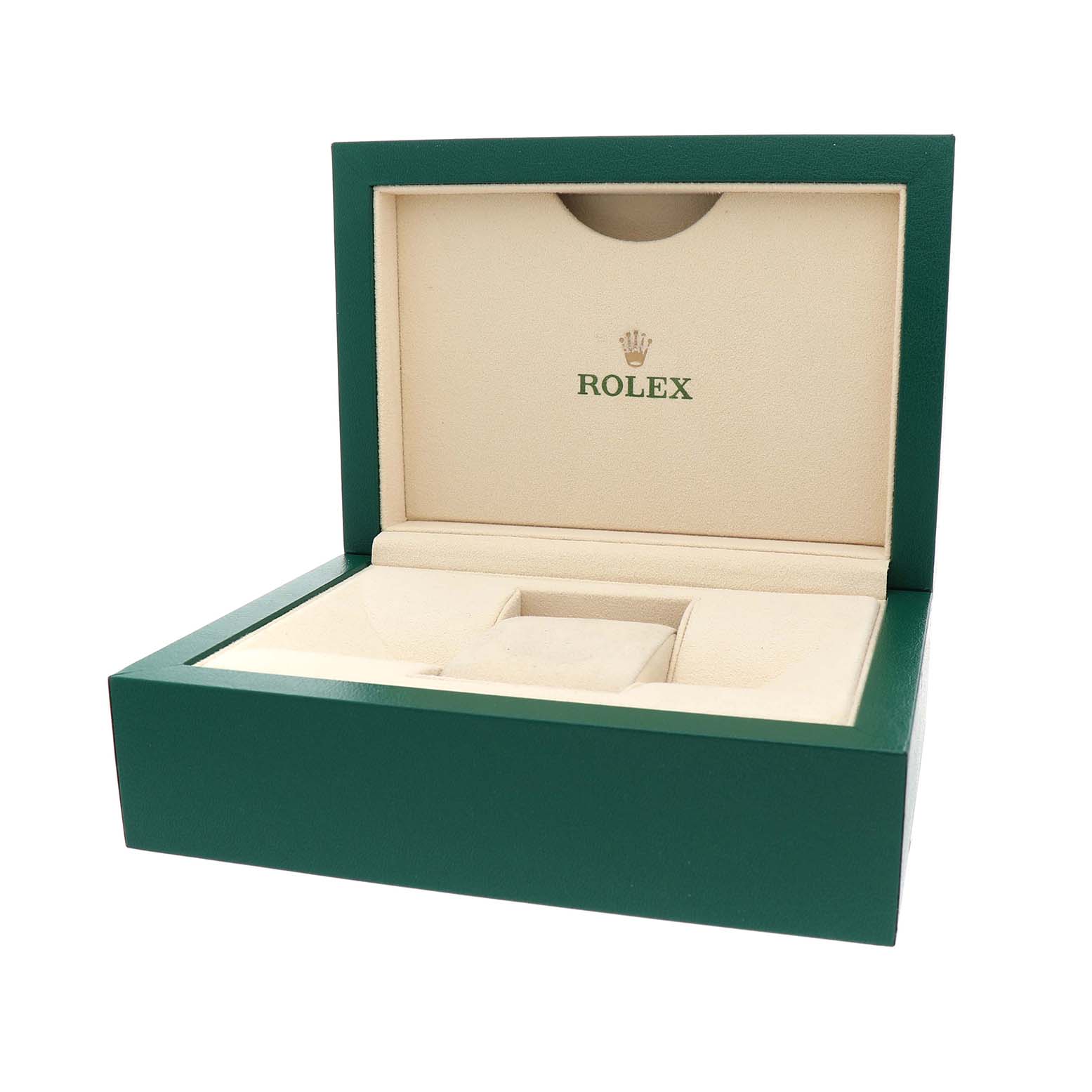 The image shows a Rolex Sky-Dweller 336238 Men's Yellow Gold Champagne Dial watch box, open, revealing its interior with a green exterior and cream inner lining.