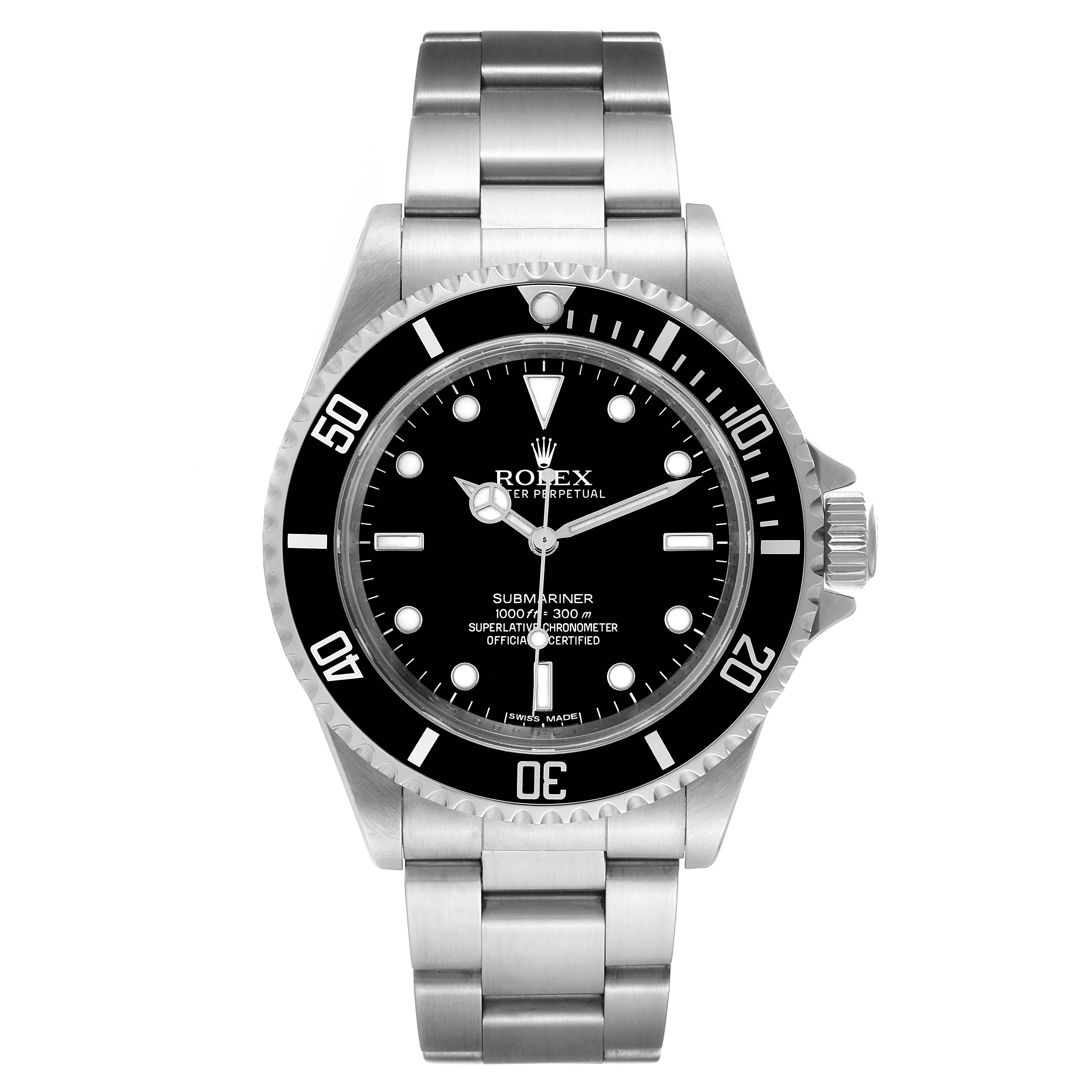 The image shows a front view of the Rolex Submariner 14060M Men's Stainless Steel Black Dial 14060M Men's Stainless Steel Black Dial watch, displaying its dial, bezel, and bracelet.