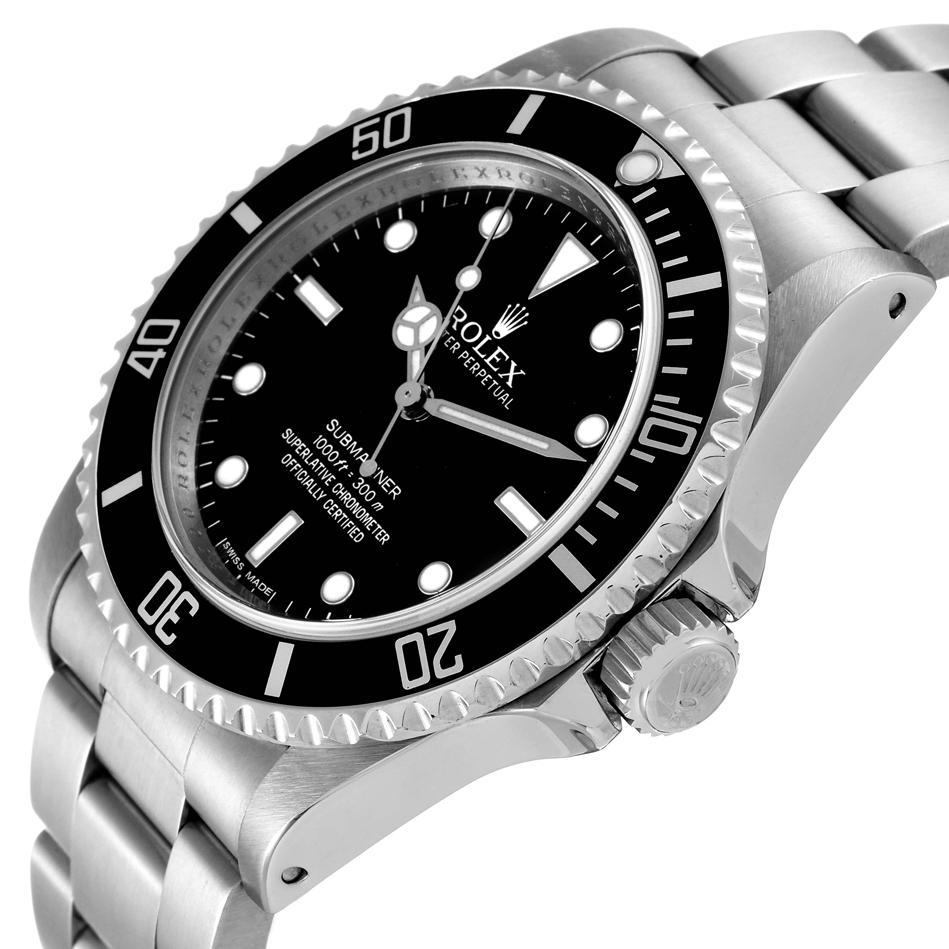The image shows a side and front angle of the Rolex Submariner 14060M Men's Stainless Steel Black Dial 14060M Men's Stainless Steel Black Dial, highlighting the dial, bezel, and bracelet.