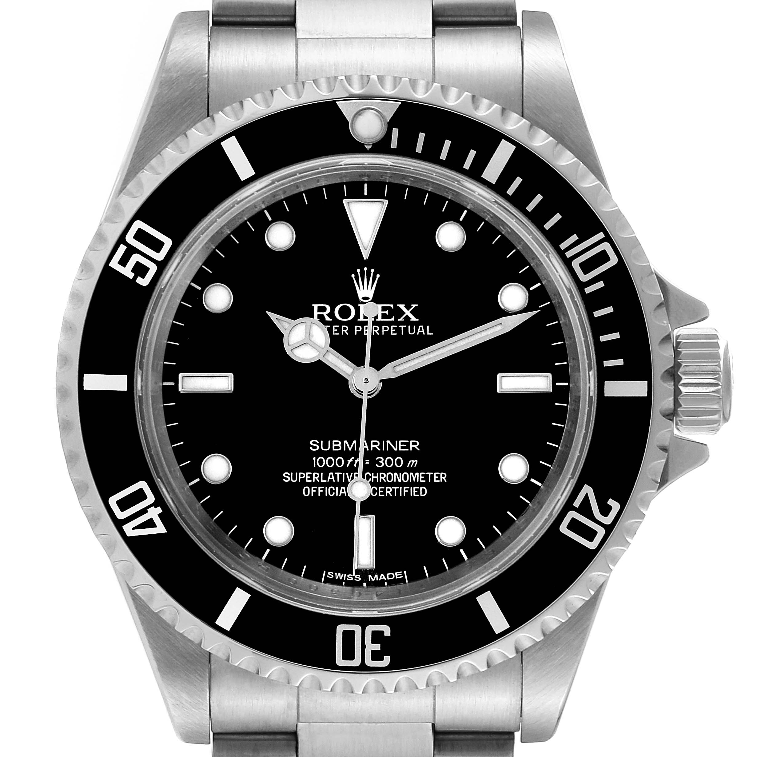 This image shows a front view of a Rolex Submariner 14060M Men's Stainless Steel Black Dial 14060M Men's Stainless Steel Black Dial watch, highlighting its bezel, dial, and bracelet.