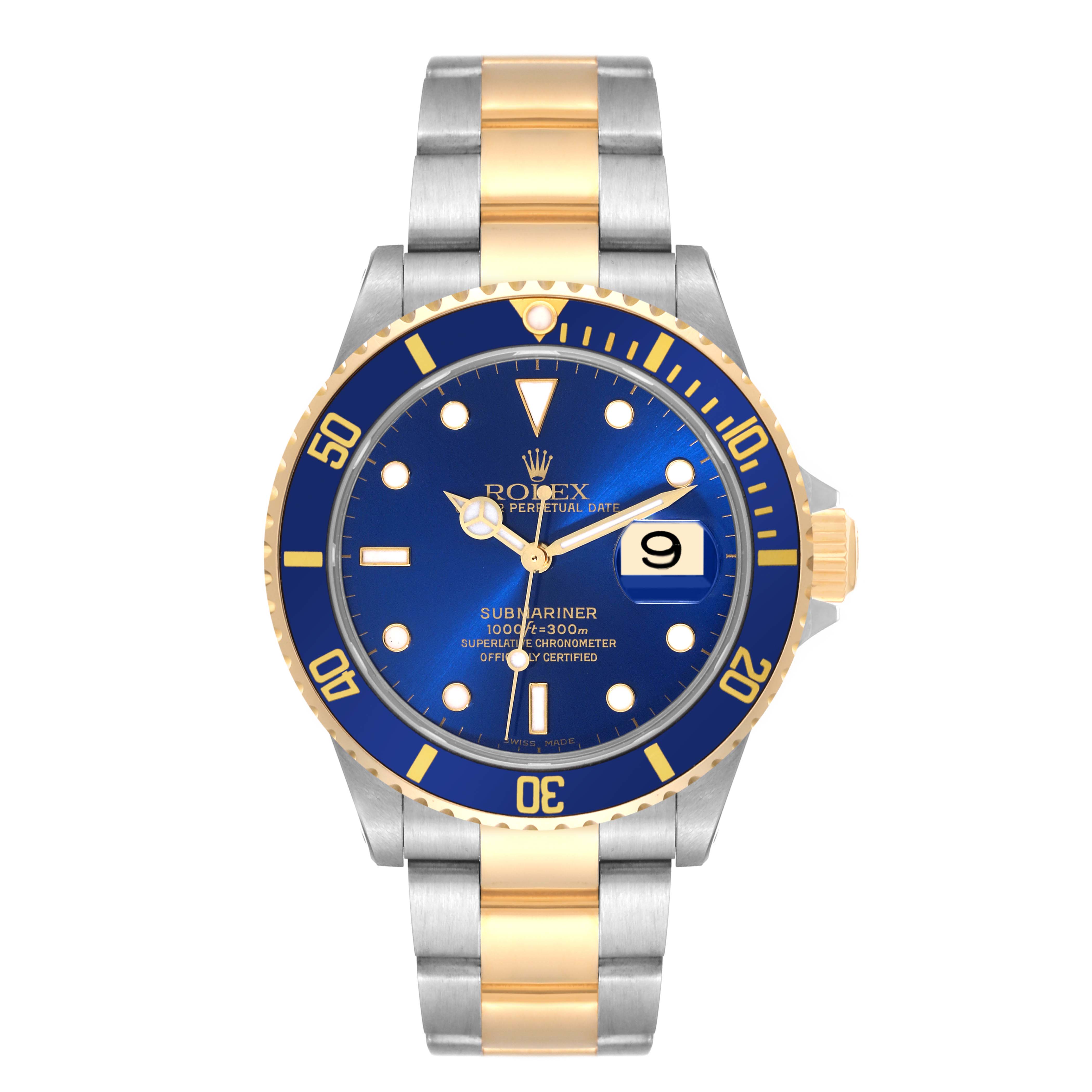 This image shows a front view of the Rolex Submariner 16613LB Men
s Steel and Gold (two tone) Blue Dial 16613LB Men
s Steel and Gold (two tone) Blue Dial watch, highlighting its blue dial, gold and silver bracelet, and round bezel.