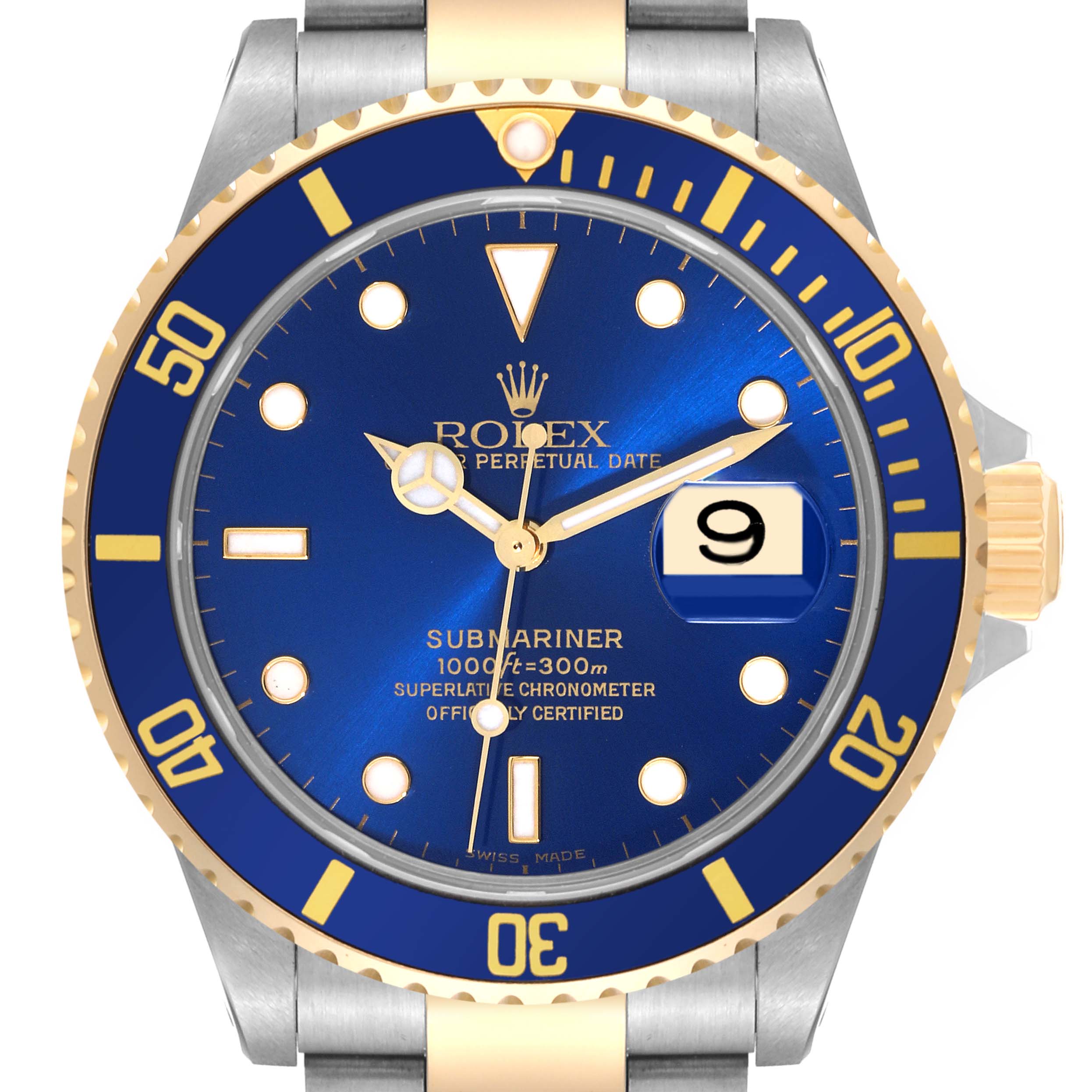 This image shows a front view of the Rolex Submariner 16613LB Men
s Steel and Gold (two tone) Blue Dial 16613LB Men
s Steel and Gold (two tone) Blue Dial watch, displaying its blue dial, bezel, and metal bracelet.
