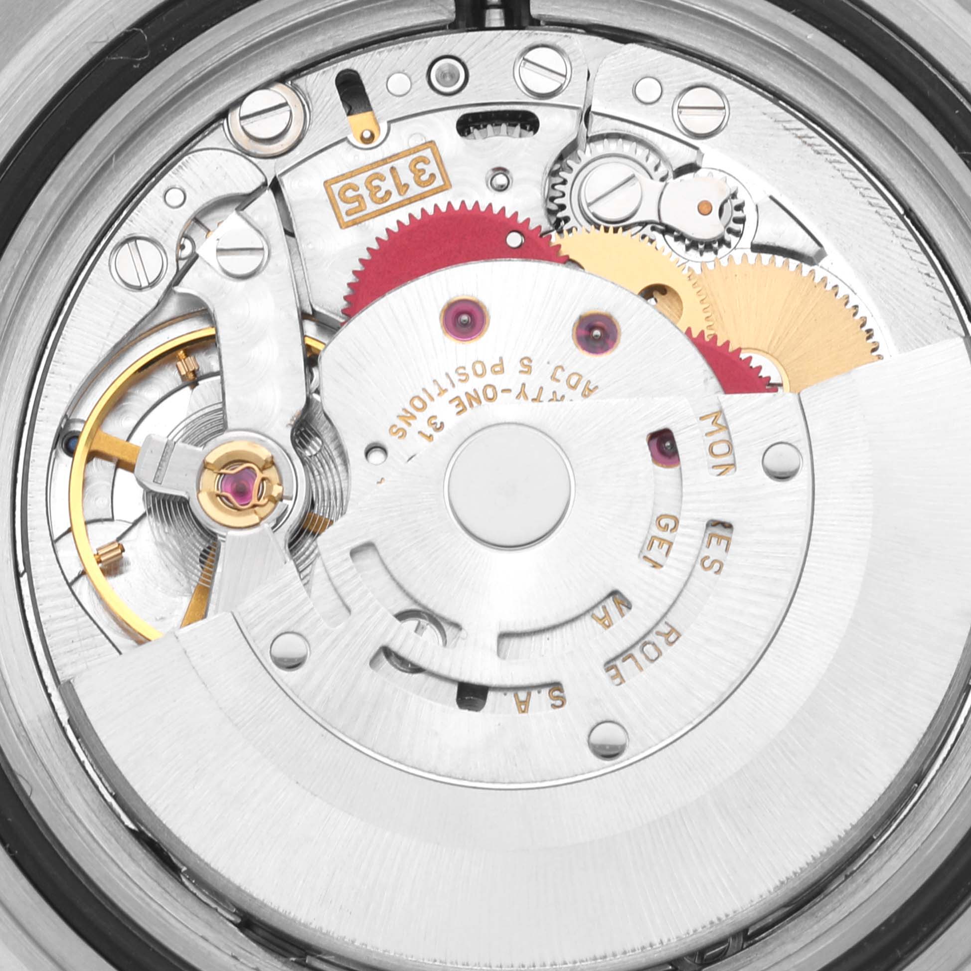 This is a close-up view of the internal mechanical movement of a Rolex Submariner 16613LB Men
s Steel and Gold (two tone) Blue Dial 16613LB Men
s Steel and Gold (two tone) Blue Dial watch.