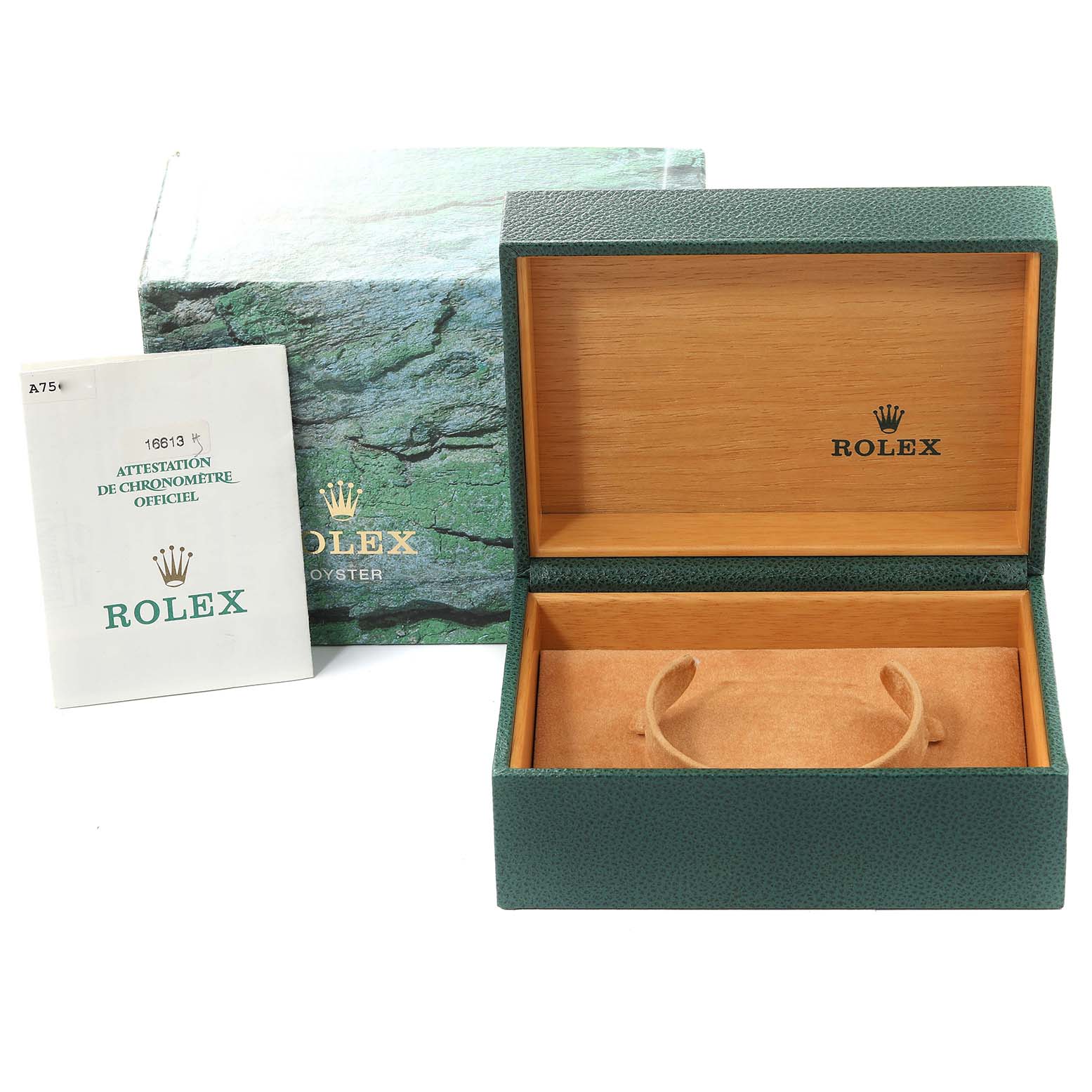 The image shows an empty Rolex Submariner 16613 Men's Steel and Gold (two tone) Blue Dial 16613 Men's Steel and Gold (two tone) Blue Dial watch box and its accompanying certificate.