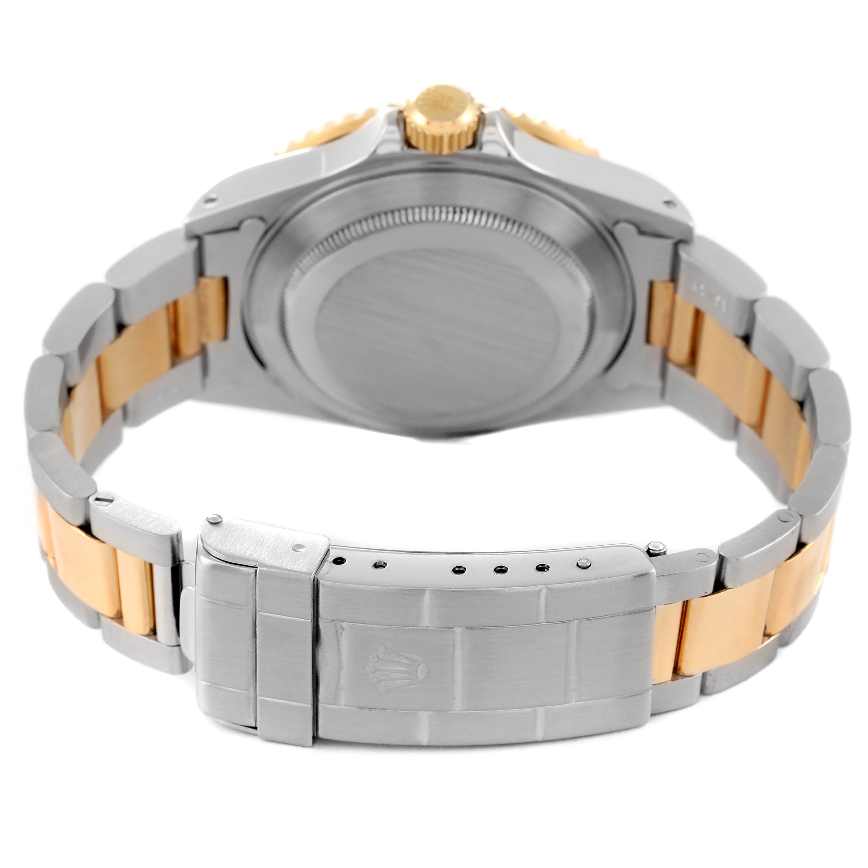 This image shows the back view of a Rolex Submariner 16613 Men's Steel and Gold (two tone) Blue Dial 16613 Men's Steel and Gold (two tone) Blue Dial, highlighting the back case and the two-tone bracelet with clasp.