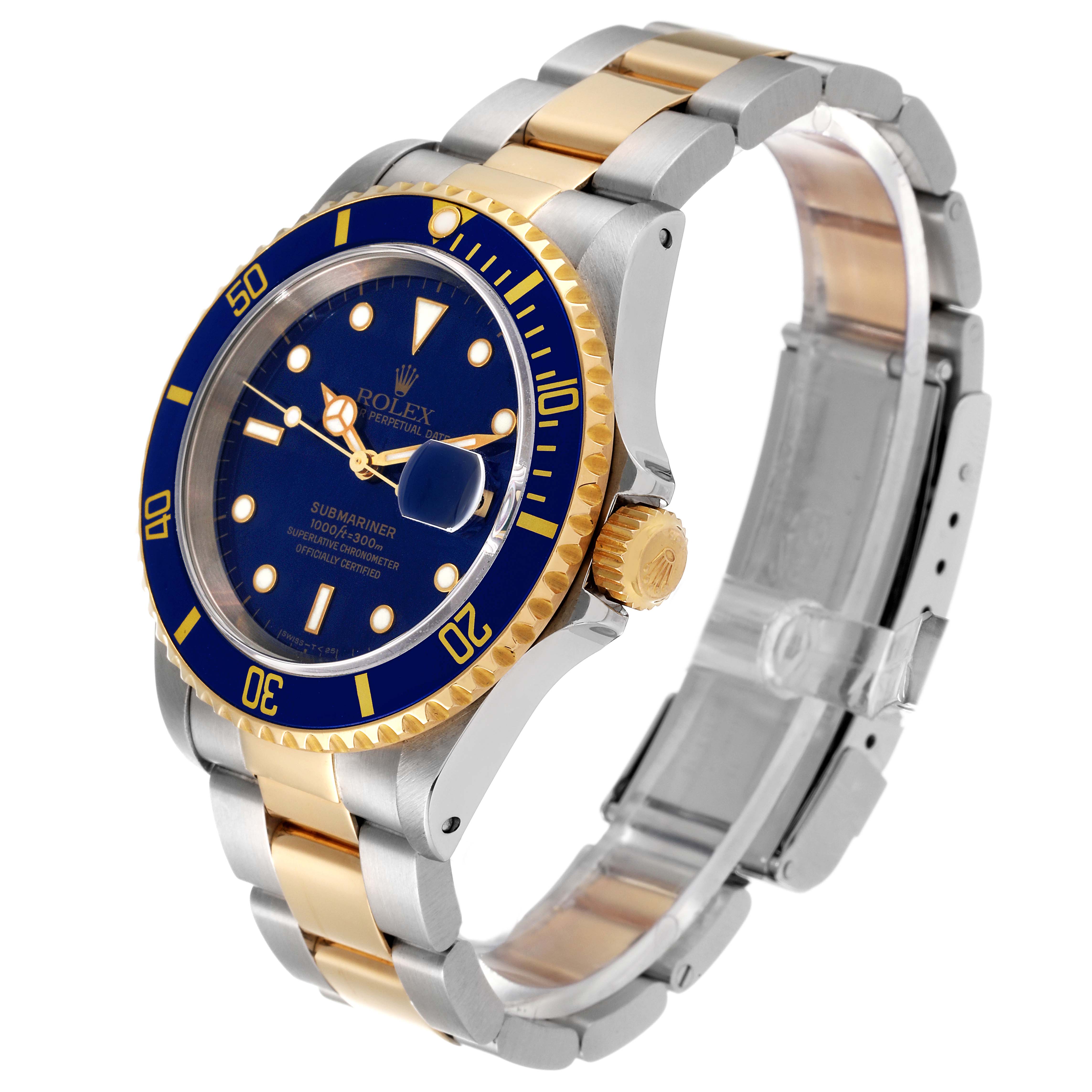 The Rolex Submariner 16613 Men's Steel and Gold (two tone) Blue Dial 16613 Men's Steel and Gold (two tone) Blue Dial is shown from a three-quarter angle, highlighting the watch face, bezel, crown, and partial view of the bracelet.