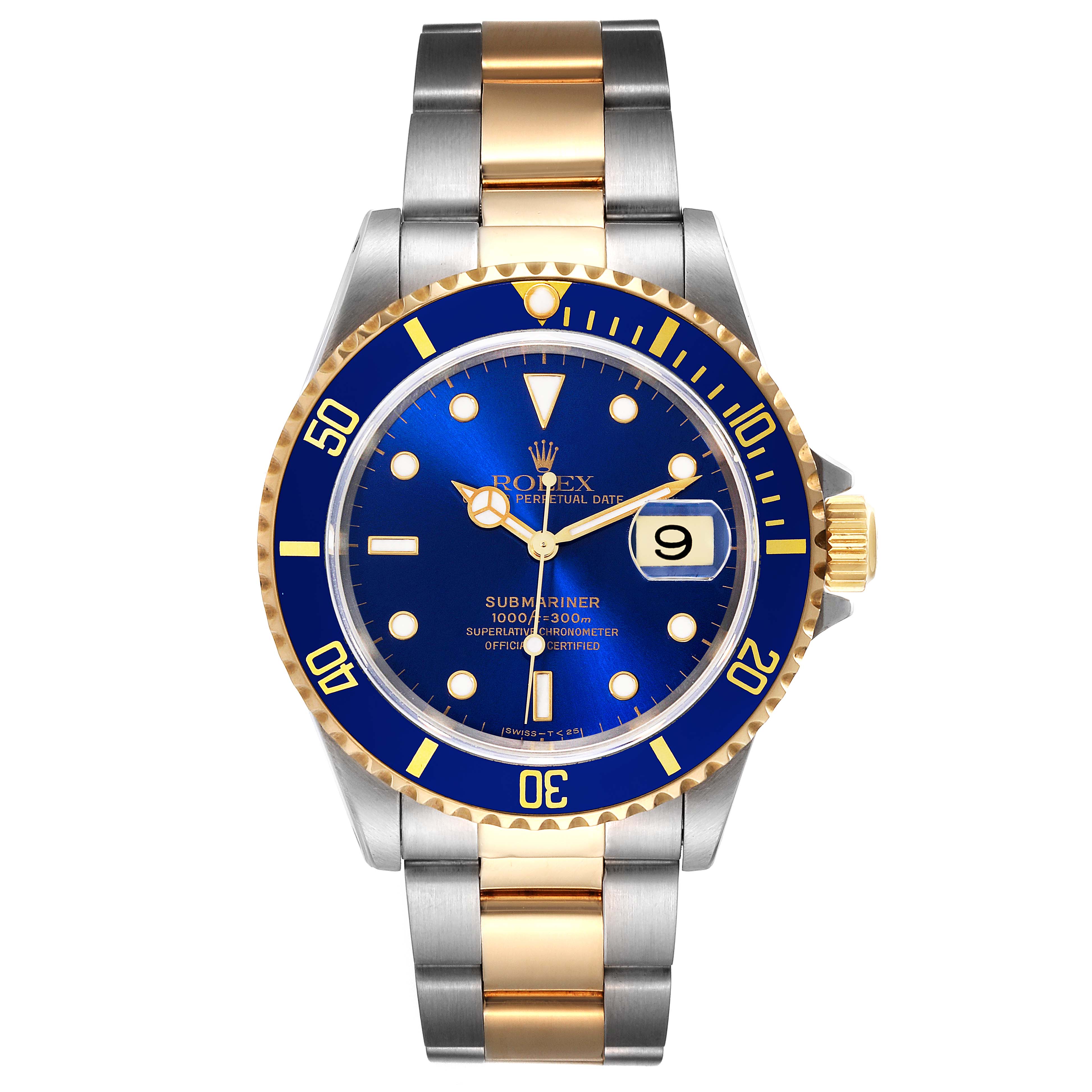 The image shows a front view of a Rolex Submariner 16613 Men's Steel and Gold (two tone) Blue Dial 16613 Men's Steel and Gold (two tone) Blue Dial watch, featuring its blue dial, date display, and two-tone metal bracelet.