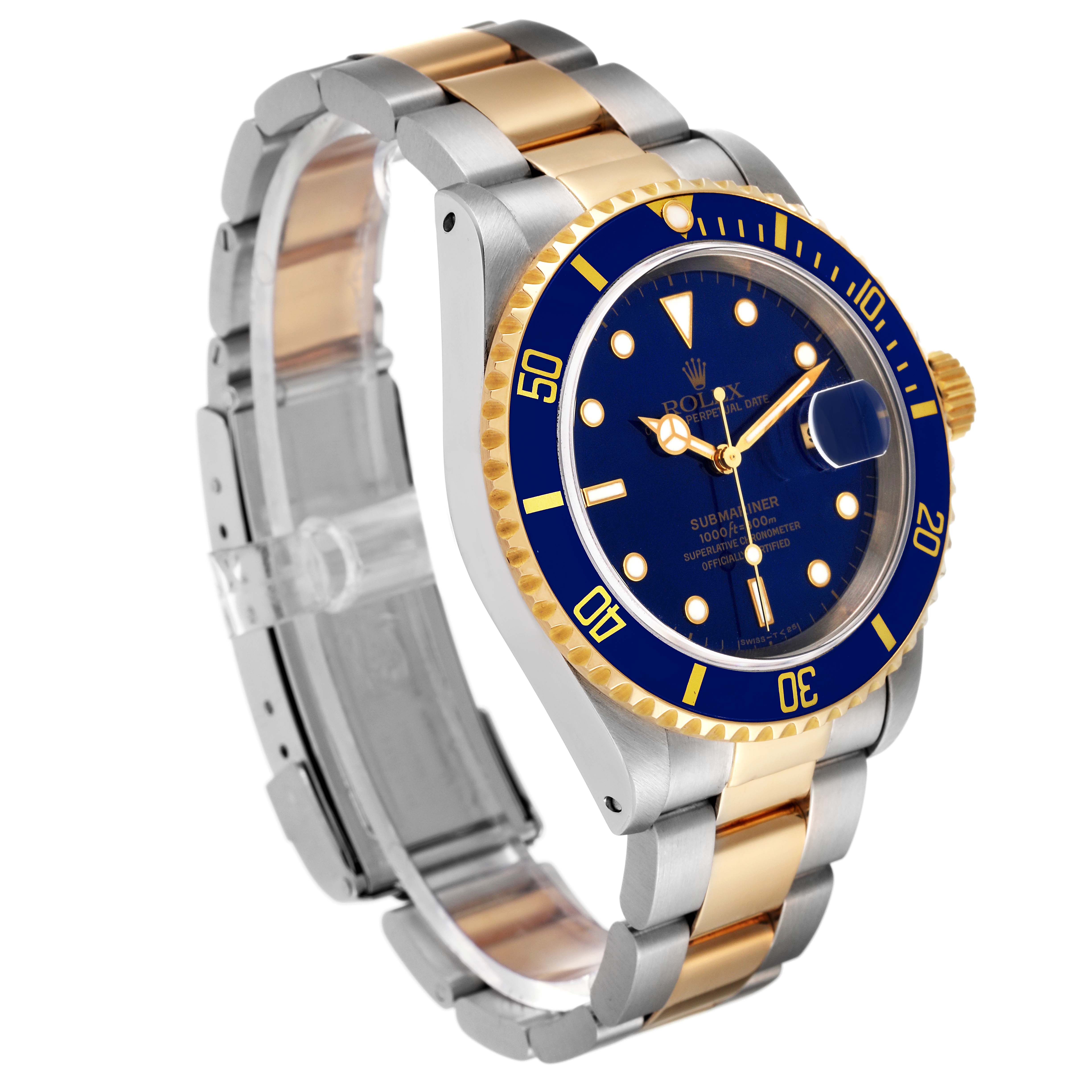 This image shows a Rolex Submariner 16613 Men's Steel and Gold (two tone) Blue Dial 16613 Men's Steel and Gold (two tone) Blue Dial watch at an angled view, highlighting its blue dial, bezel, and two-tone bracelet.
