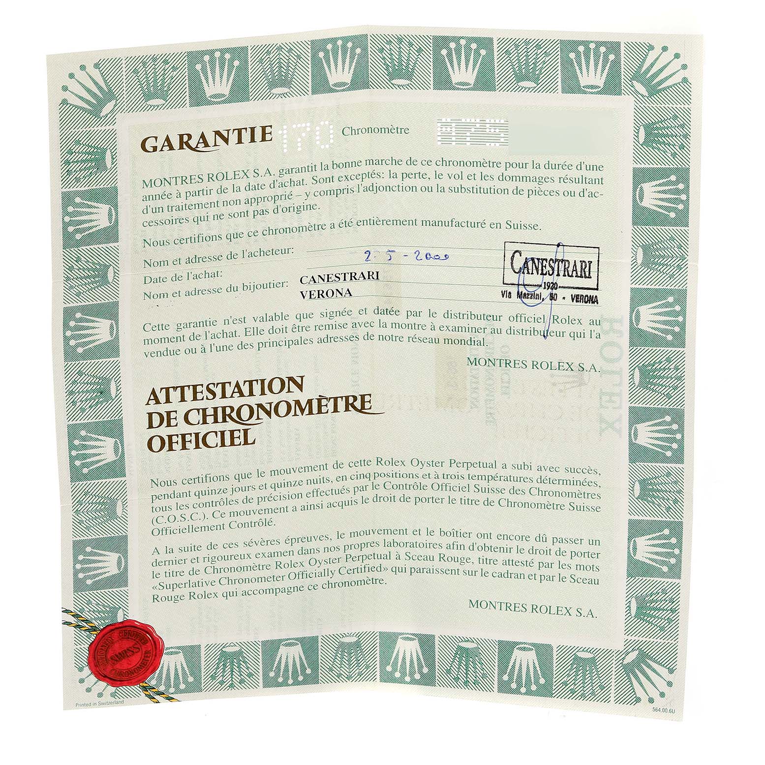 The image shows the warranty certificate for a Rolex Submariner 16613 Men's Steel and Gold (two tone) Blue Dial 16613 Men's Steel and Gold (two tone) Blue Dial watch.