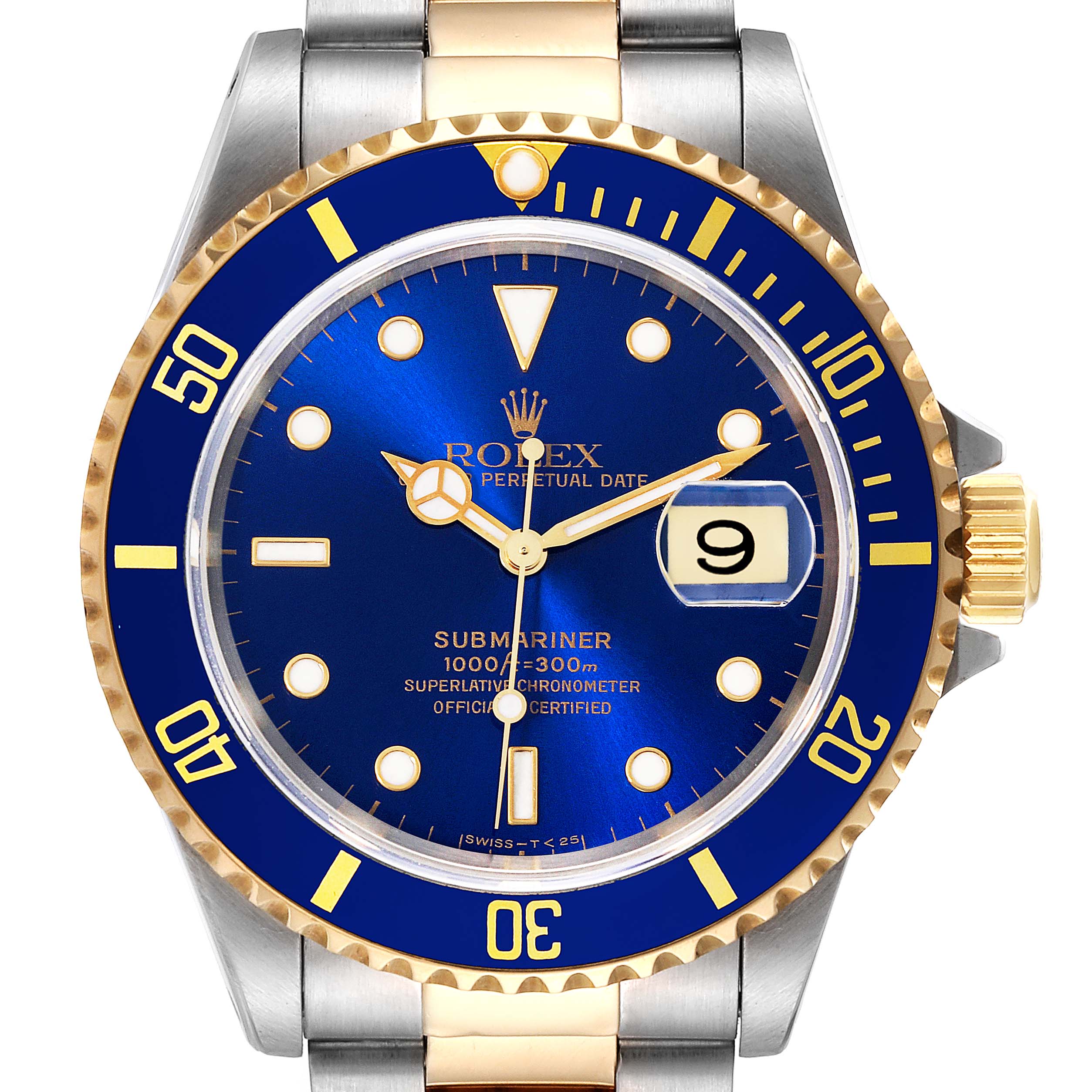 The image shows a frontal view of a Rolex Submariner 16613 Men's Steel and Gold (two tone) Blue Dial 16613 Men's Steel and Gold (two tone) Blue Dial watch, highlighting its blue dial, date window, and gold-accented bezel.