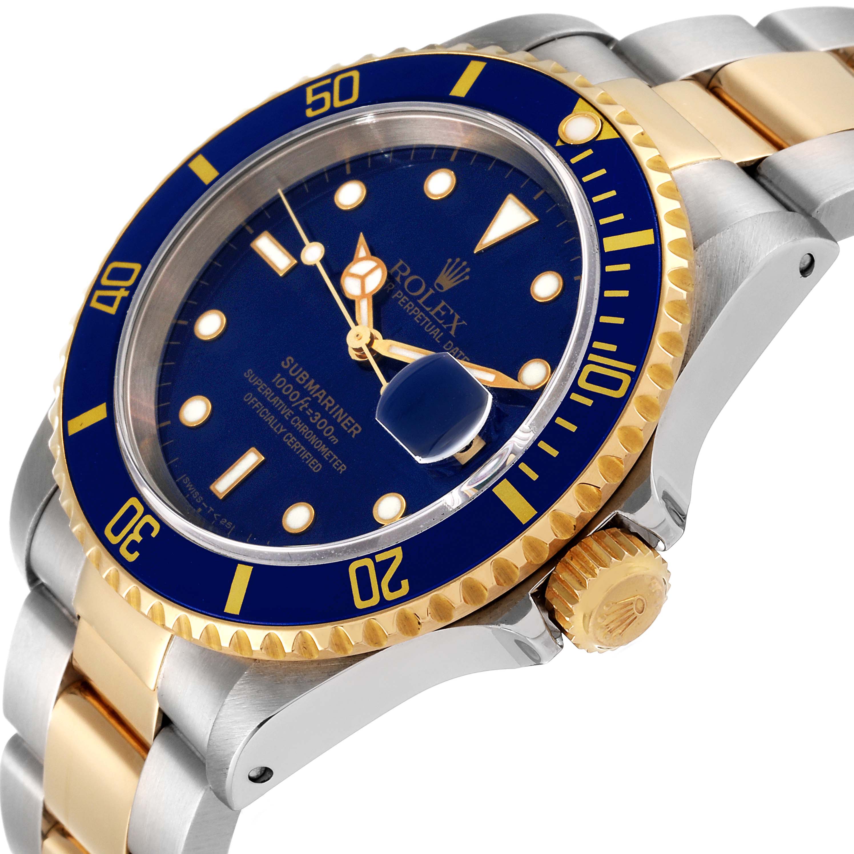 The image showcases a close-up side angle of a Rolex Submariner 16613 Men's Steel and Gold (two tone) Blue Dial 16613 Men's Steel and Gold (two tone) Blue Dial, highlighting its dial, bezel, and crown.