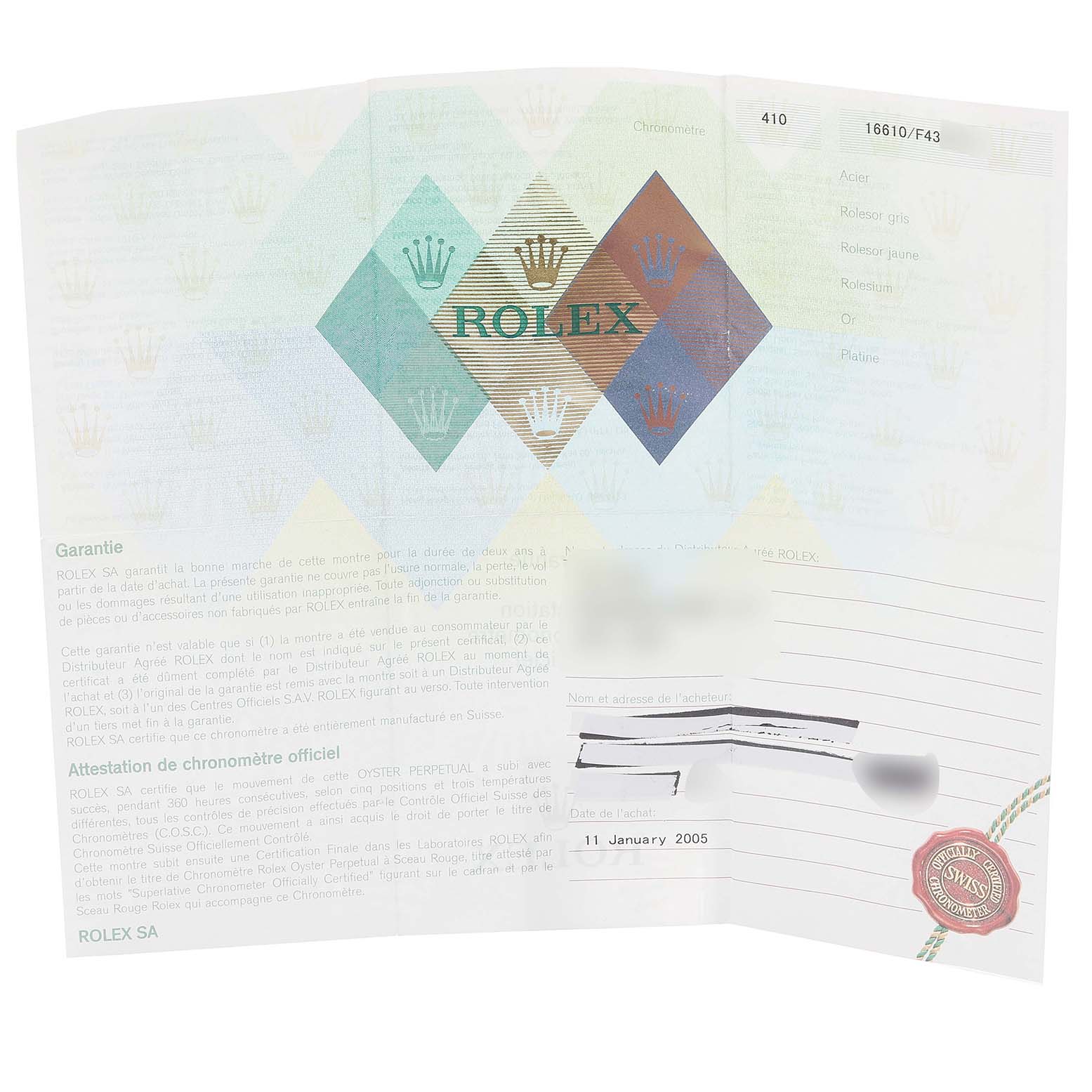 The image shows a warranty card for the Rolex Submariner 16610T Men
s Stainless Steel Black Dial 16610T Men
s Stainless Steel Black Dial watch, displaying brand logos and purchase details.