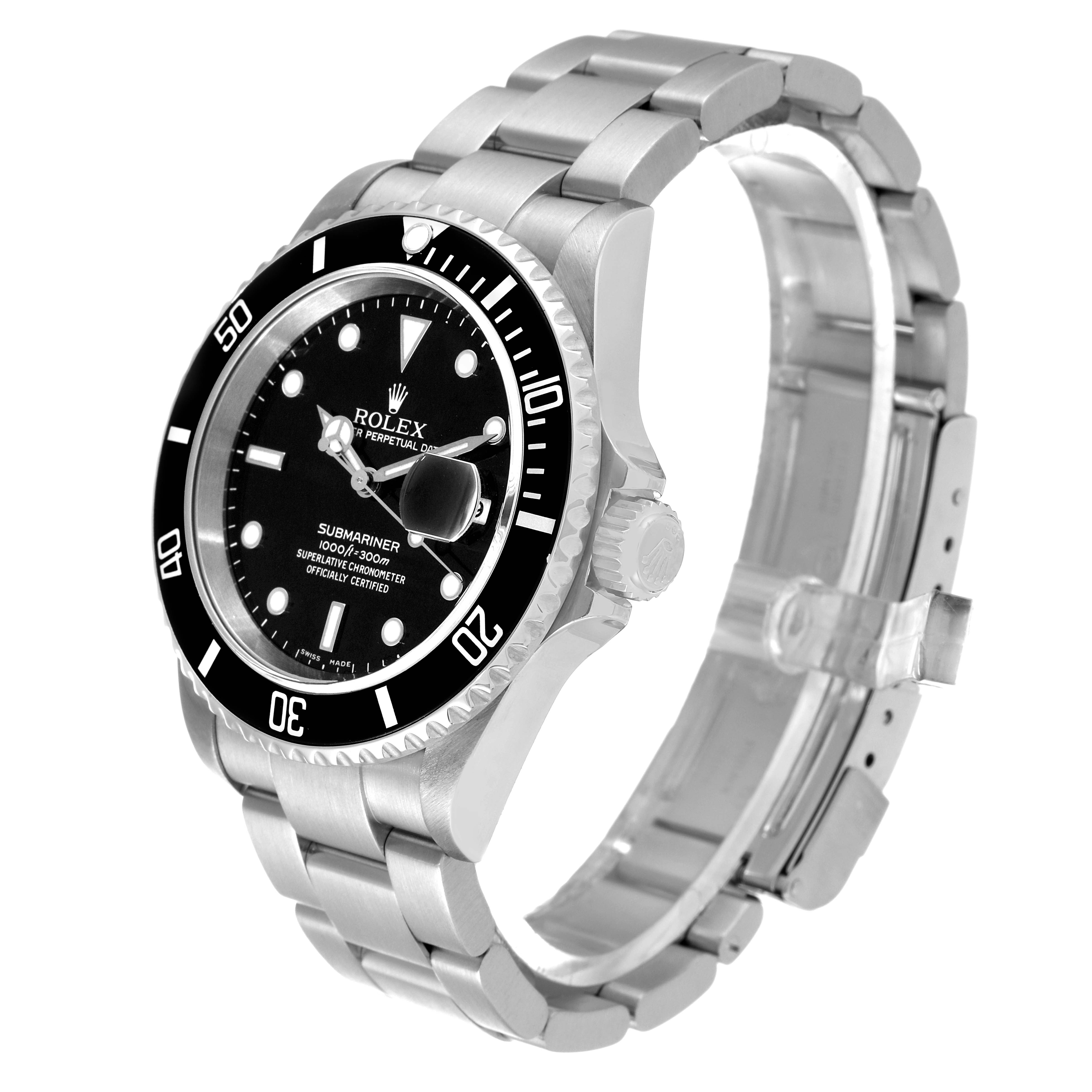 The image shows a Rolex Submariner 16610T Men
s Stainless Steel Black Dial 16610T Men
s Stainless Steel Black Dial, angled to display its face, bezel, crown, and stainless steel bracelet.