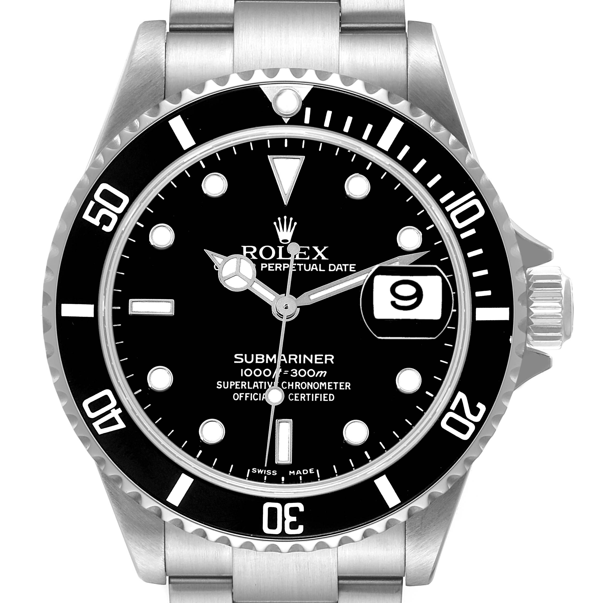 Front view of a Rolex Submariner 16610T Men
s Stainless Steel Black Dial 16610T Men
s Stainless Steel Black Dial watch showing the dial, bezel, crown, and part of the bracelet.