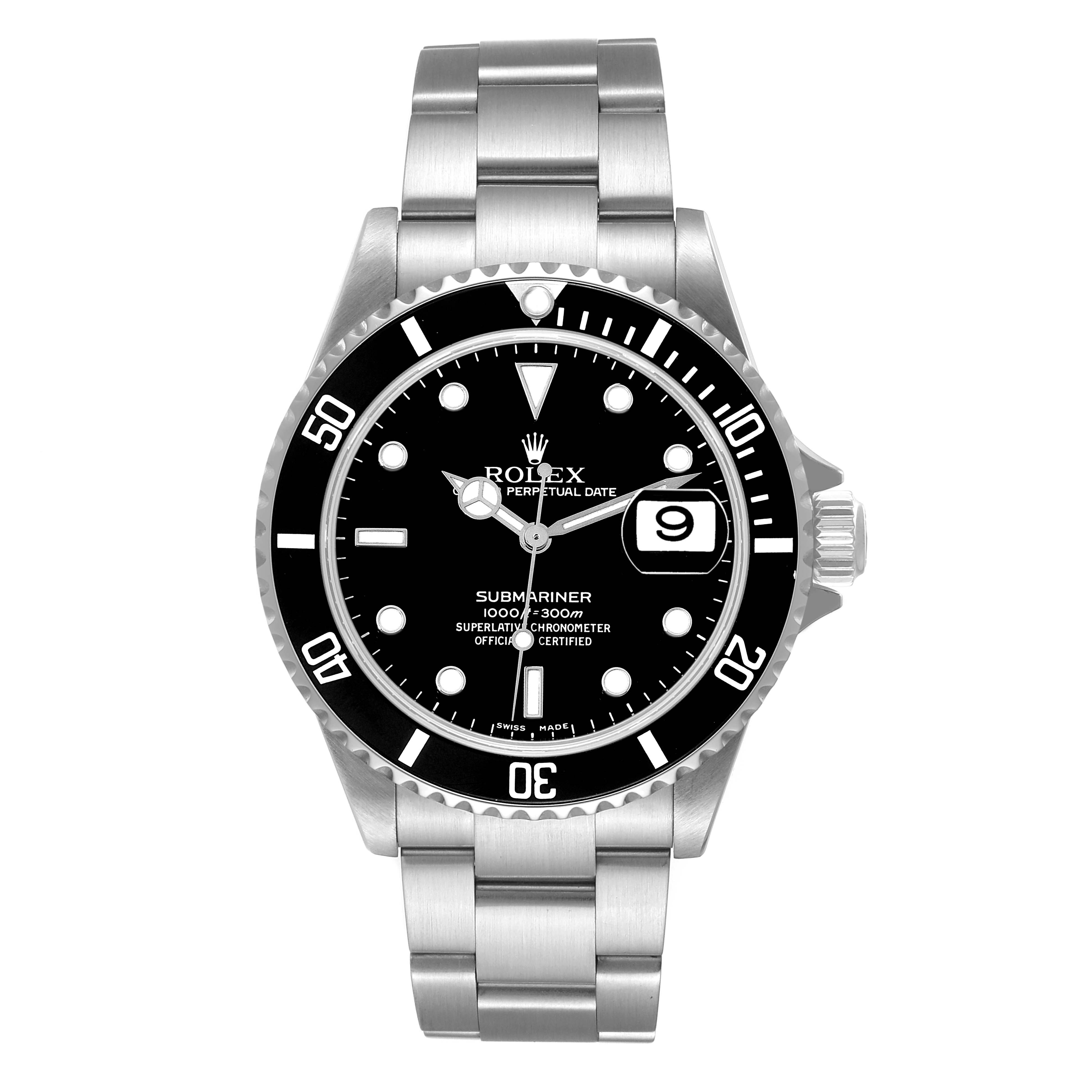The image shows a Rolex Submariner 16610T Men
s Stainless Steel Black Dial 16610T Men
s Stainless Steel Black Dial watch from a front angle, highlighting its dial, bezel, hands, date, and bracelet.