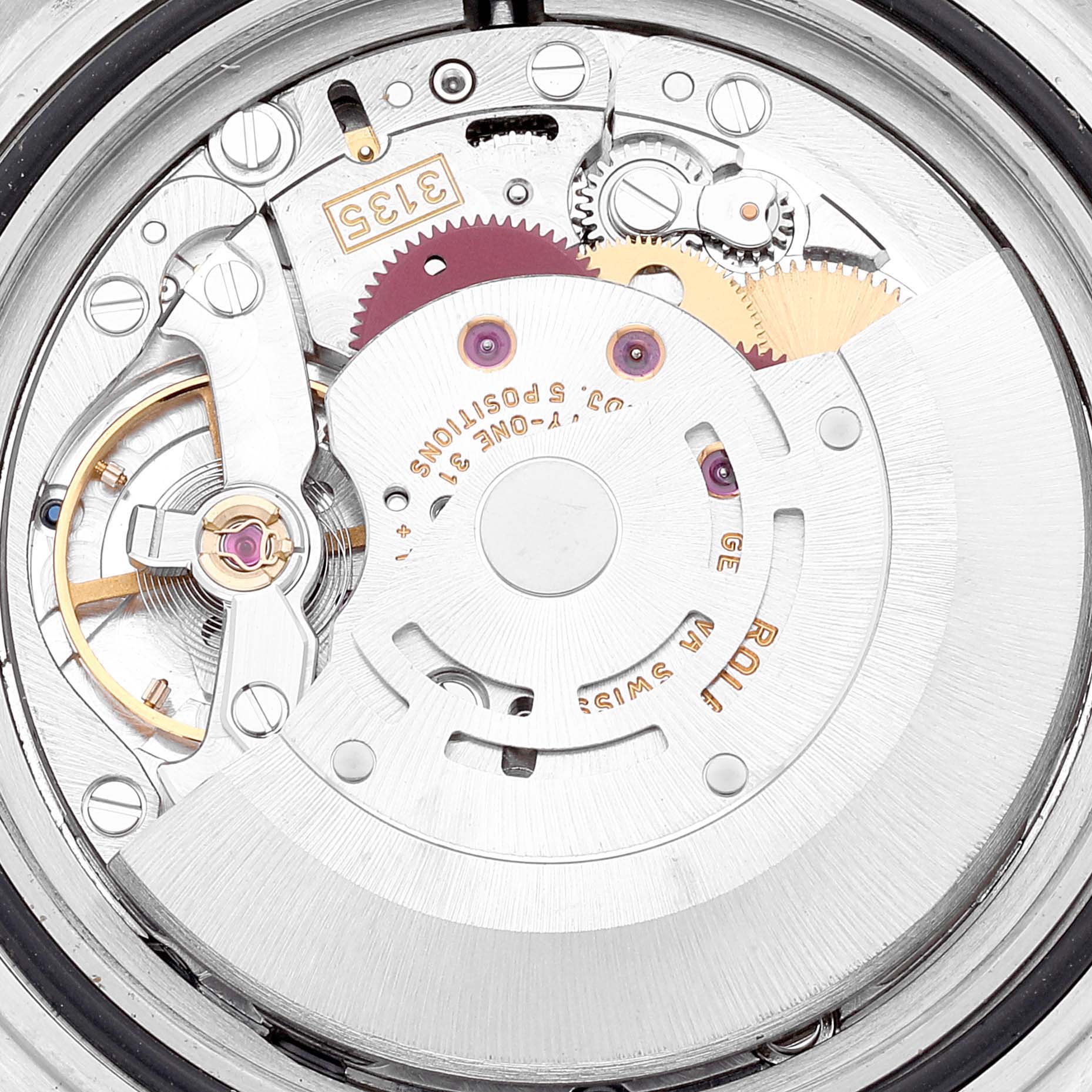 This image shows the internal mechanical movement of a Rolex Submariner 16610T Men
s Stainless Steel Black Dial 16610T Men
s Stainless Steel Black Dial watch, viewed from the back.