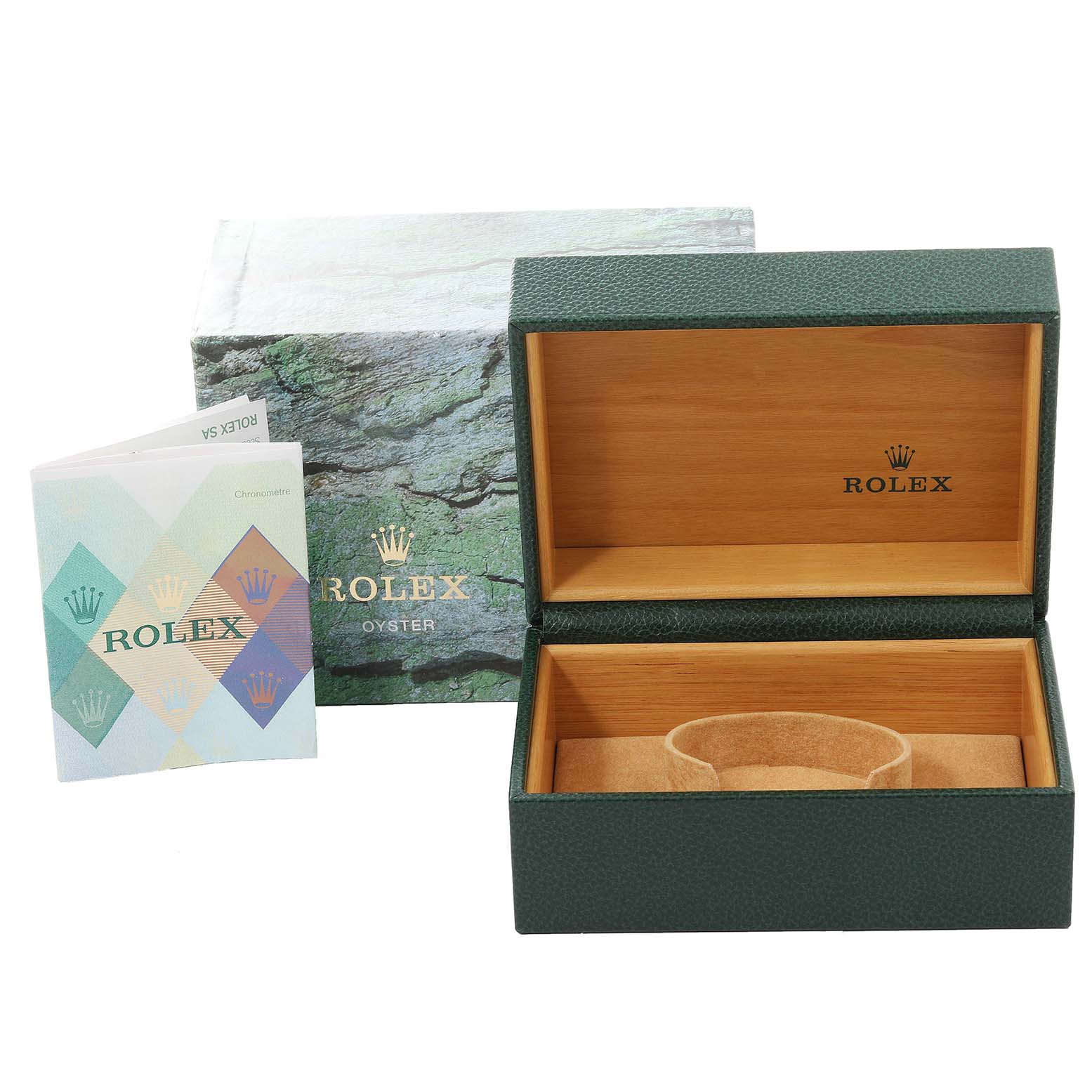 The image displays an open Rolex Submariner 16610T Men
s Stainless Steel Black Dial 16610T Men
s Stainless Steel Black Dial watch box, a warranty booklet, and an outer protective sleeve.