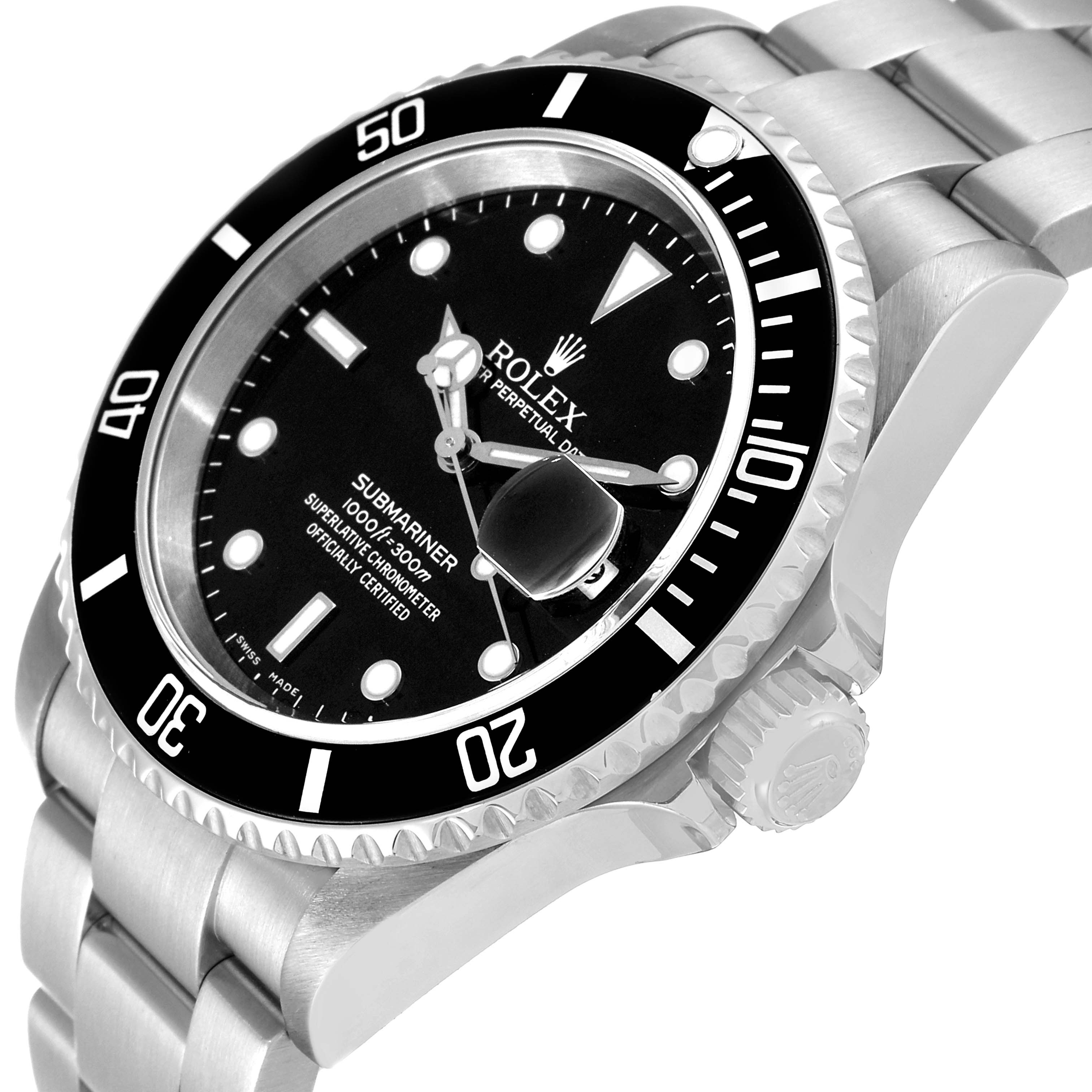 The image shows a close-up side angle of a Rolex Submariner 16610T Men
s Stainless Steel Black Dial 16610T Men
s Stainless Steel Black Dial watch, highlighting the bezel, dial, and part of the bracelet.