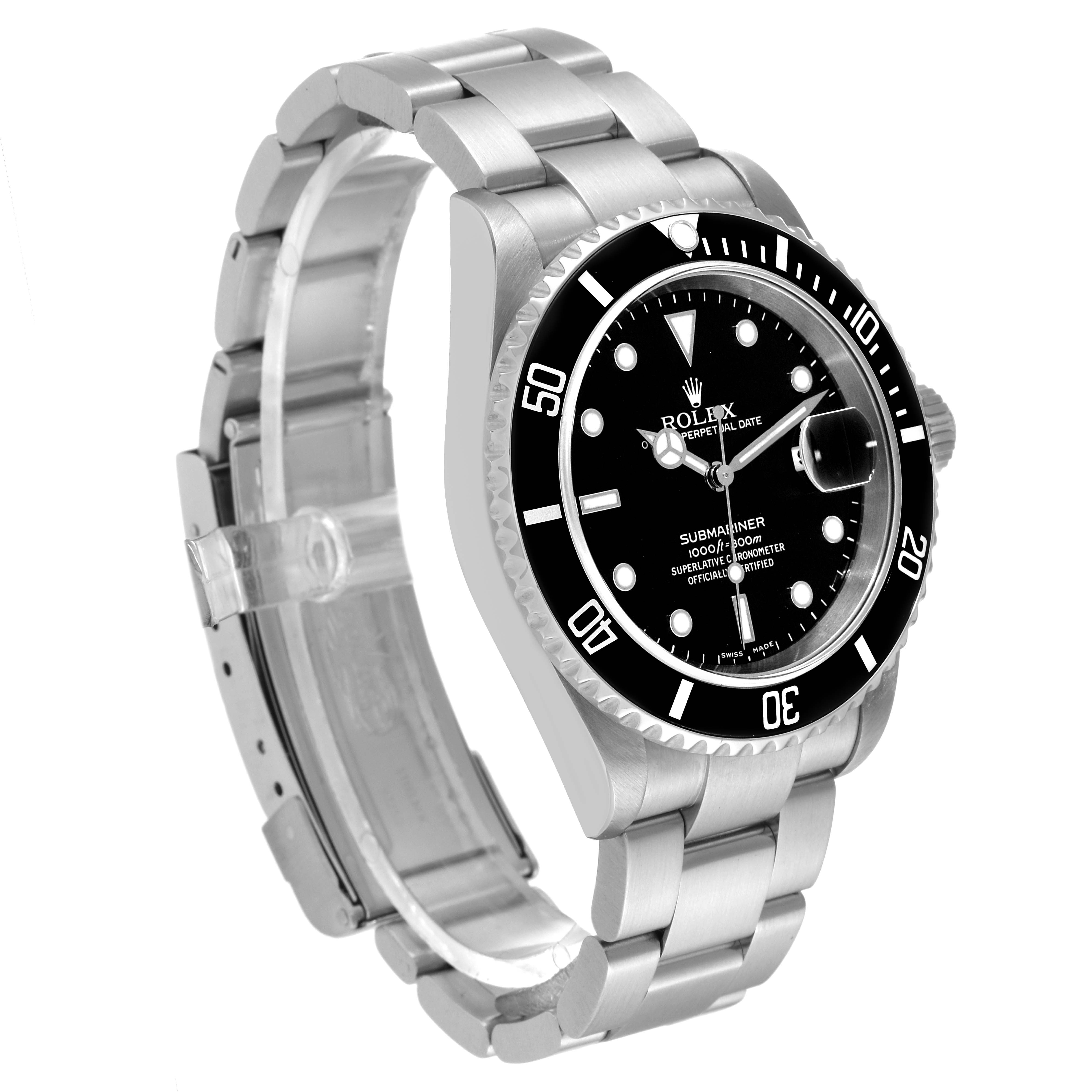 This image shows a side angle of a Rolex Submariner 16610T Men
s Stainless Steel Black Dial 16610T Men
s Stainless Steel Black Dial watch, displaying the face, bezel, and metal bracelet.