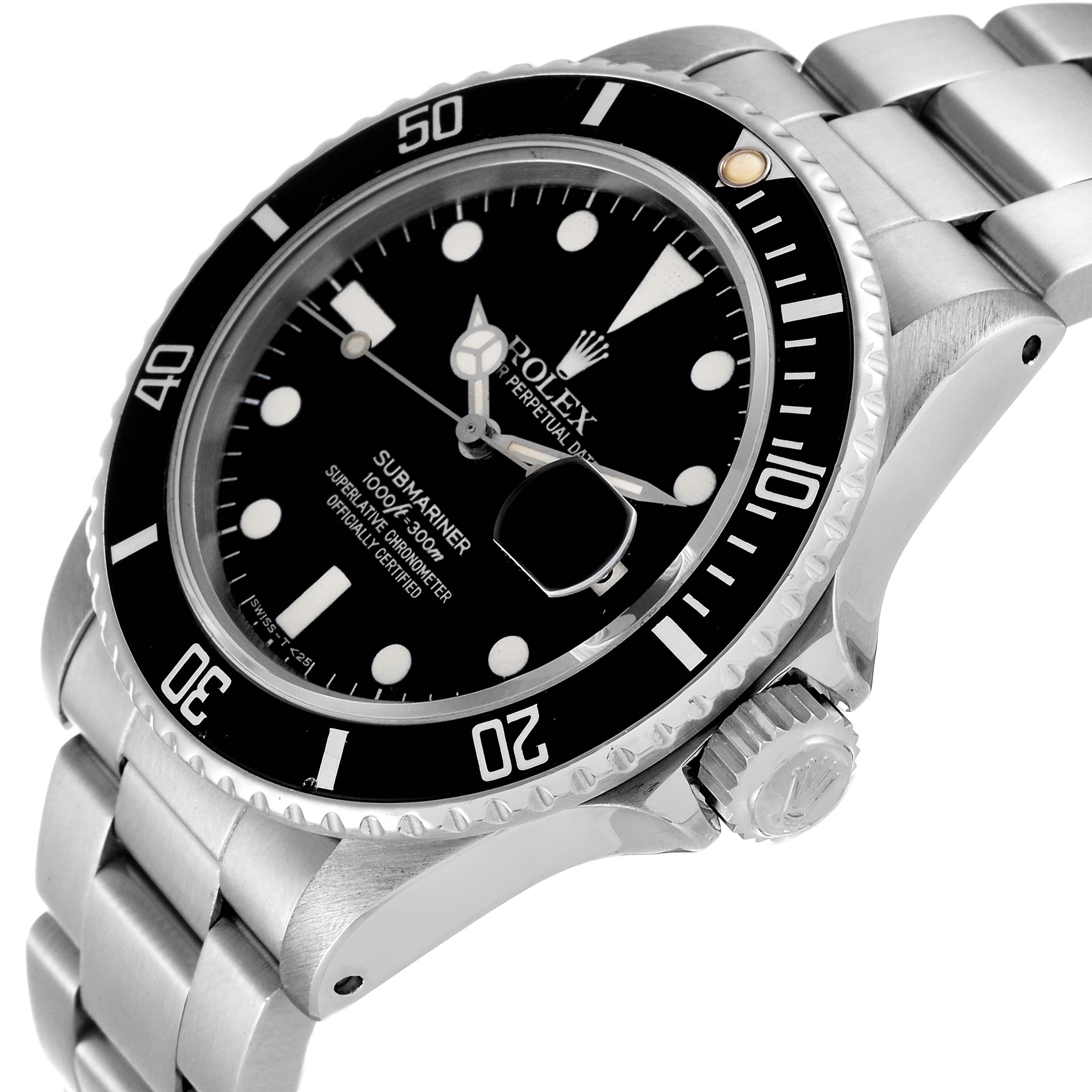 The image shows the front and side angle of a Rolex Vintage Collection 16800 Men's Stainless Steel Black Dial 16800 Men's Stainless Steel Black Dial Submariner with a black dial and stainless steel bracelet.