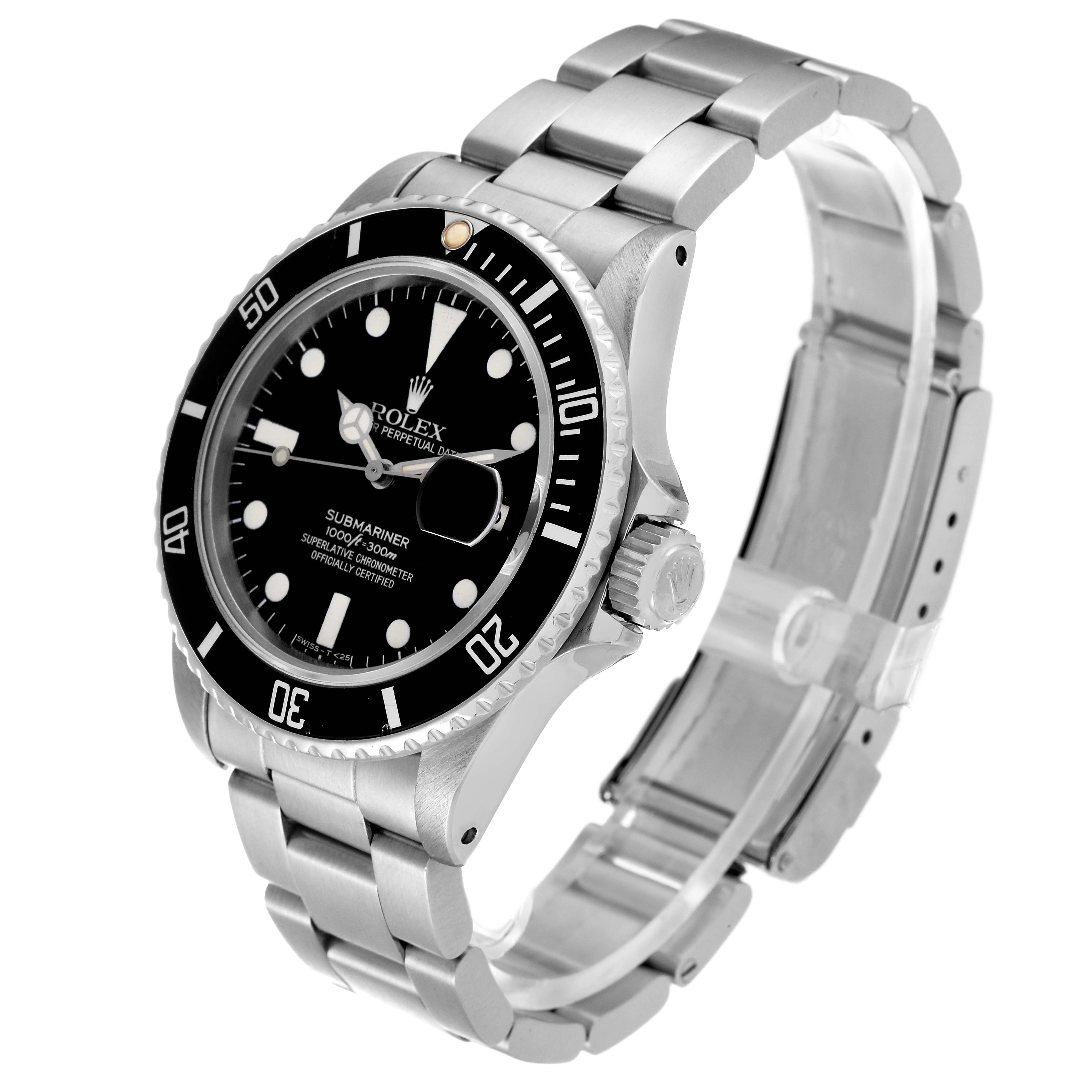 The Rolex Vintage Collection 16800 Men's Stainless Steel Black Dial 16800 Men's Stainless Steel Black Dial Submariner watch is shown at an angle highlighting the face, bezel, and bracelet.