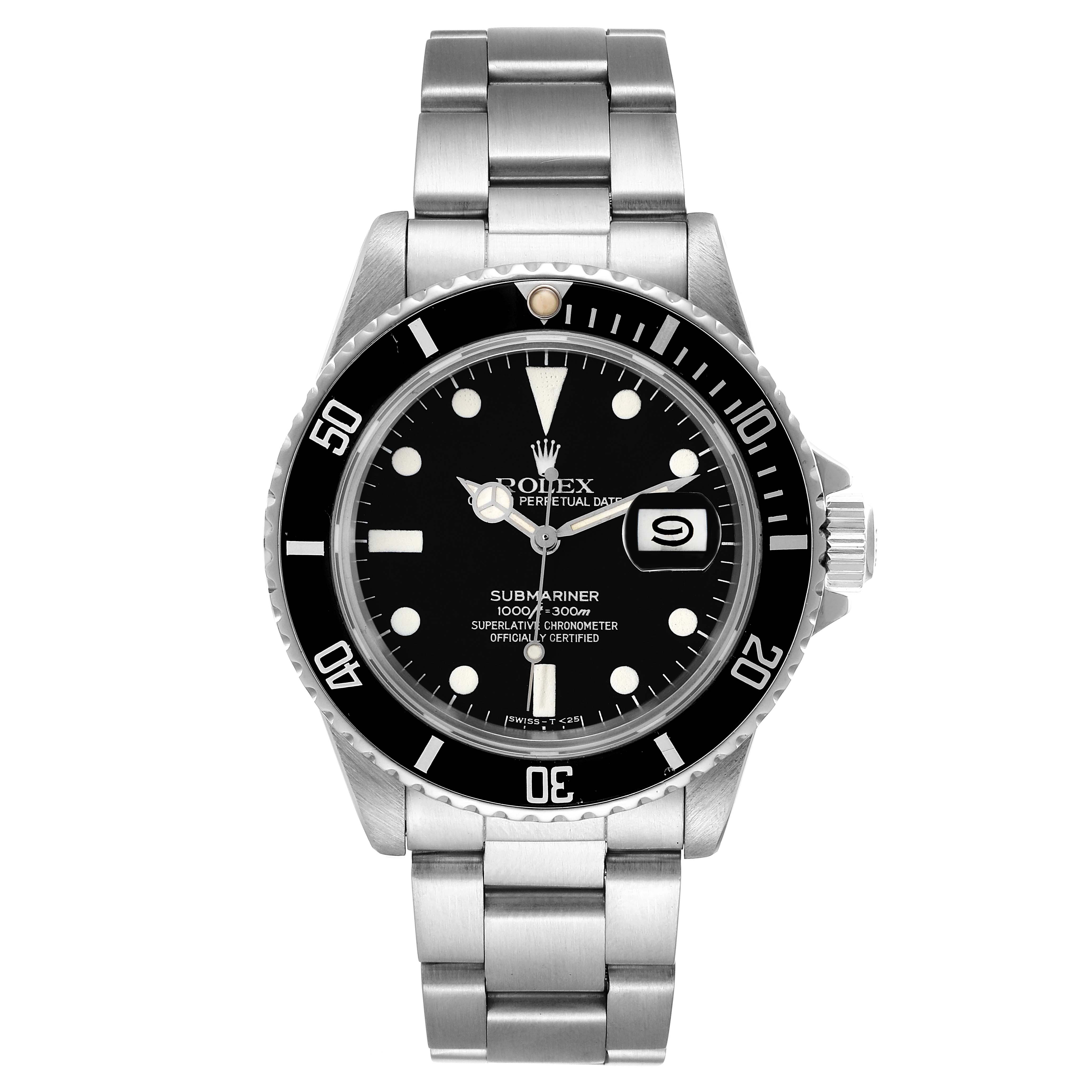 The Rolex Vintage Collection 16800 Men's Stainless Steel Black Dial 16800 Men's Stainless Steel Black Dial model Submariner is shown from the front, displaying its dial, bezel, and stainless steel bracelet.