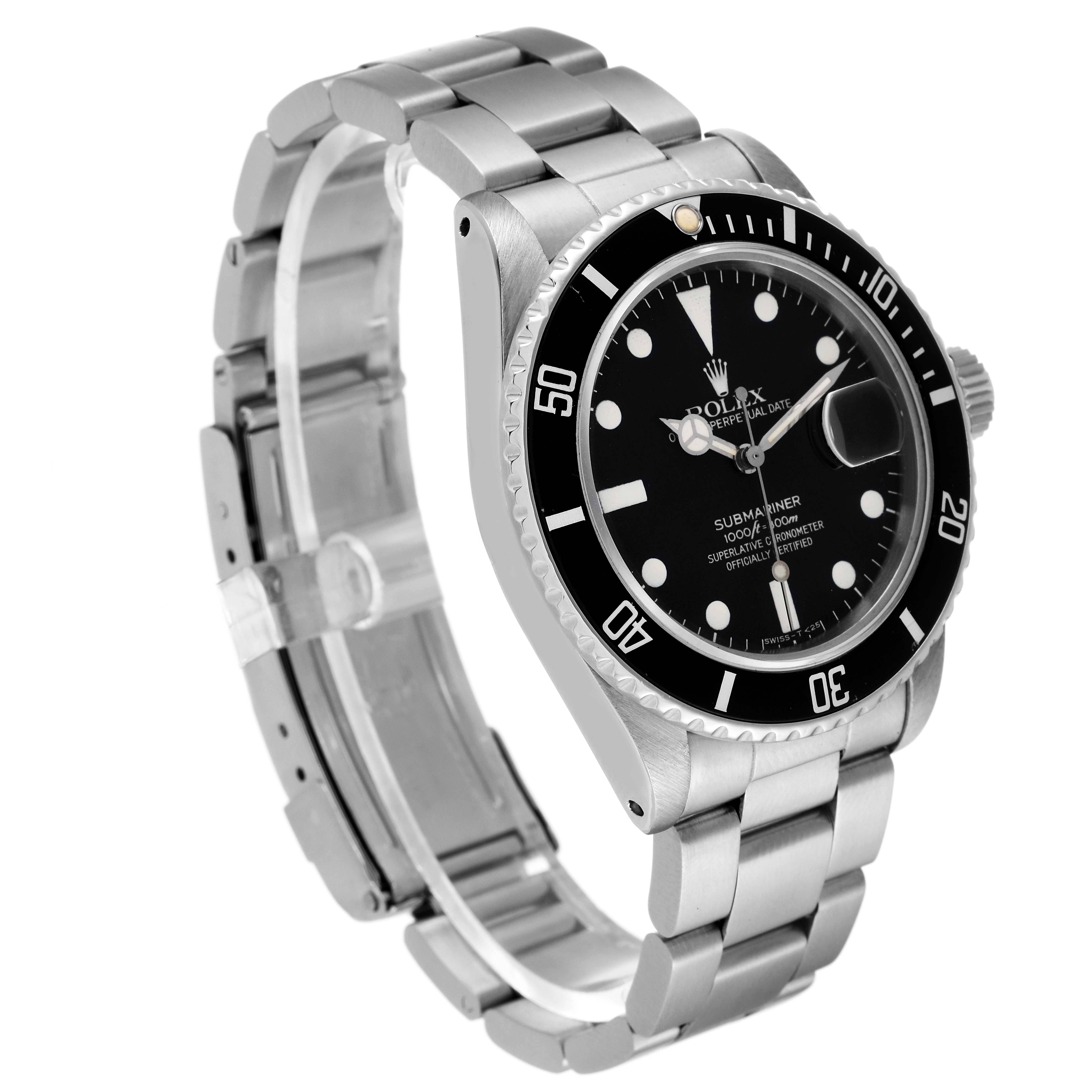 The watch shown is a Rolex Vintage Collection 16800 Men's Stainless Steel Black Dial 16800 Men's Stainless Steel Black Dial model, showcasing its stainless steel bracelet, black dial with date, and bezel.