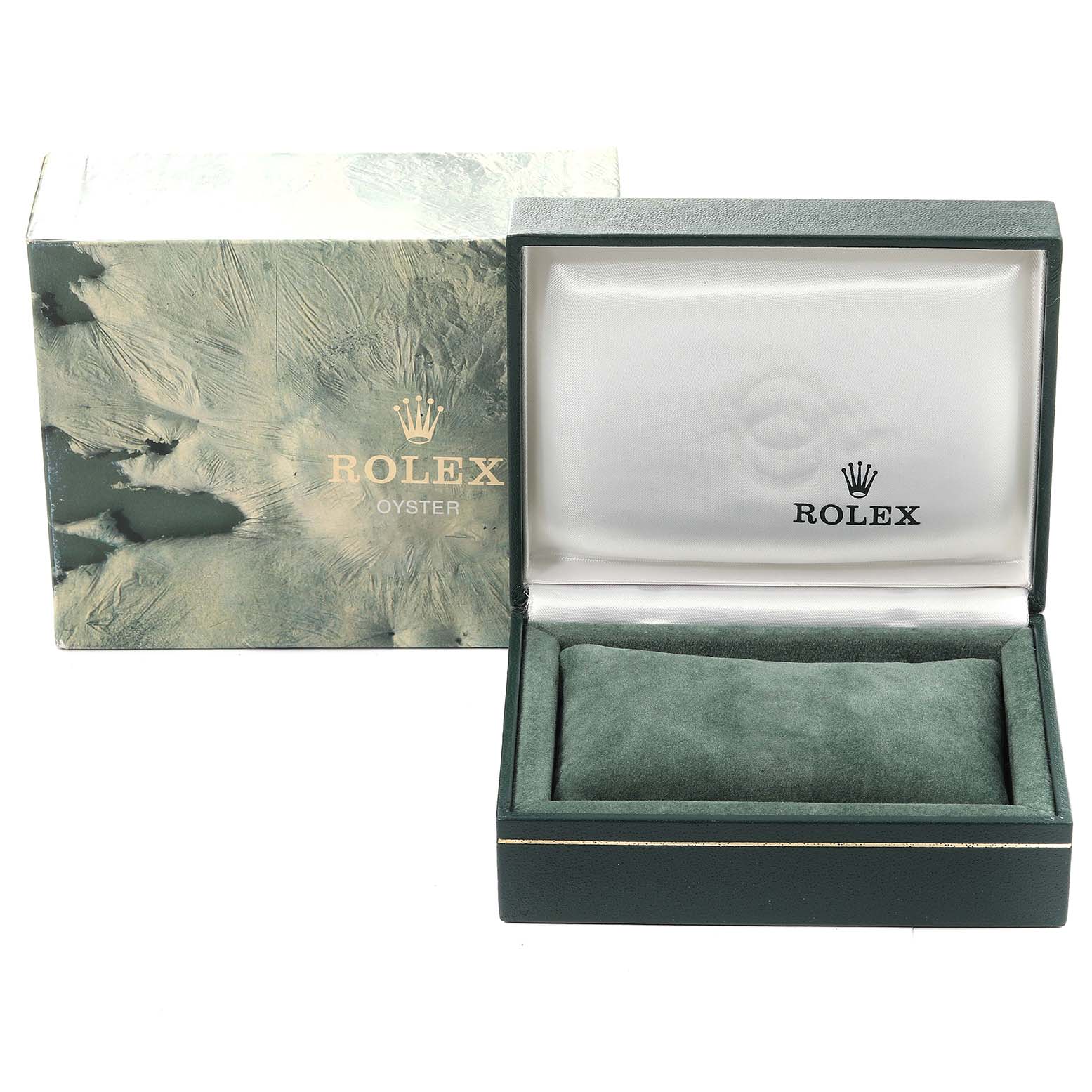 The image shows a Rolex Oyster box from the Vintage Collection, with its lid open and exterior packaging in the background.