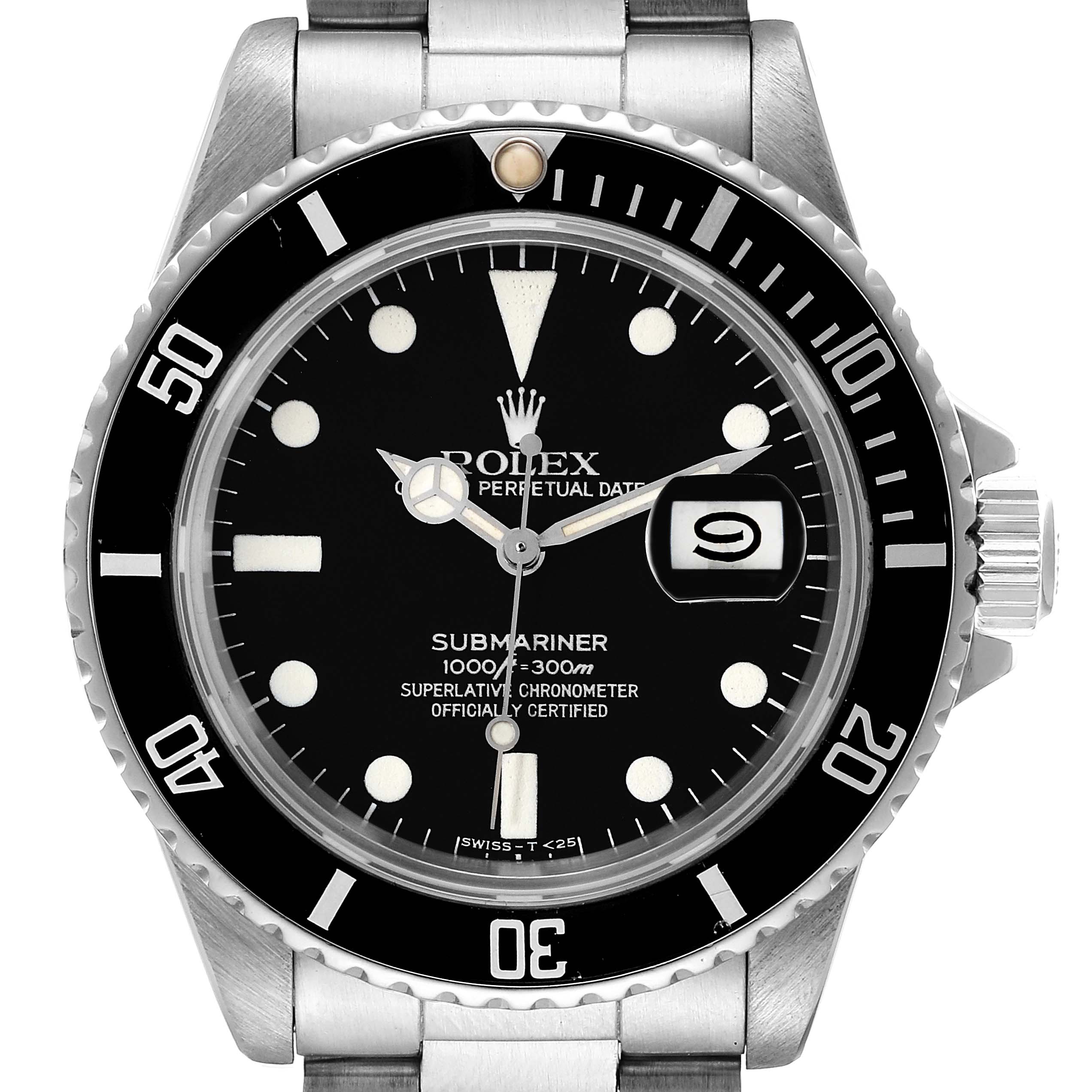 The image shows a Rolex Vintage Collection 16800 Men's Stainless Steel Black Dial 16800 Men's Stainless Steel Black Dial Submariner watch from a front angle, highlighting its black dial, bezel, and stainless steel bracelet.