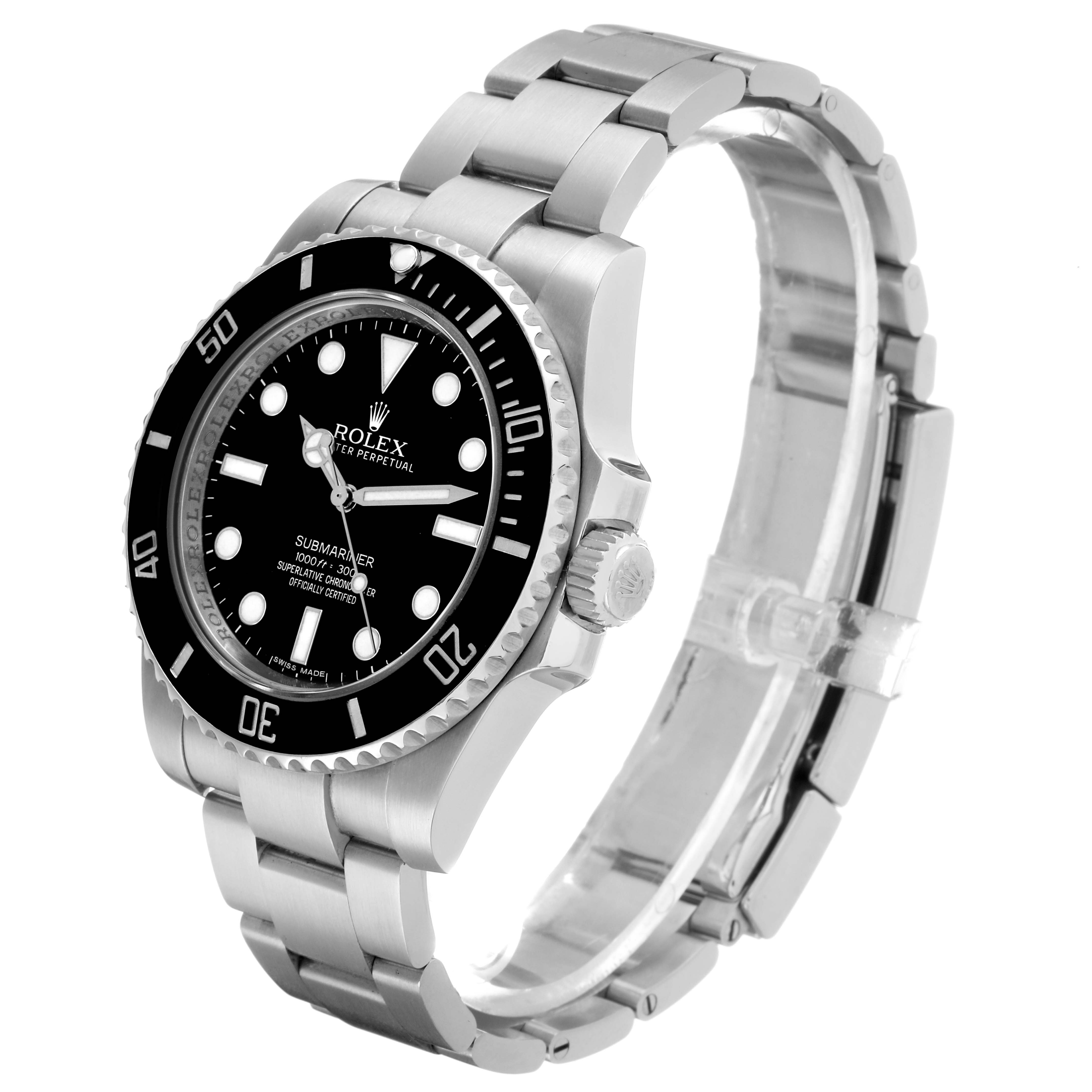 The image shows a side angle of the Rolex Submariner 114060 Men's Stainless Steel Black Dial, highlighting the dial, bezel, bracelet, and crown.