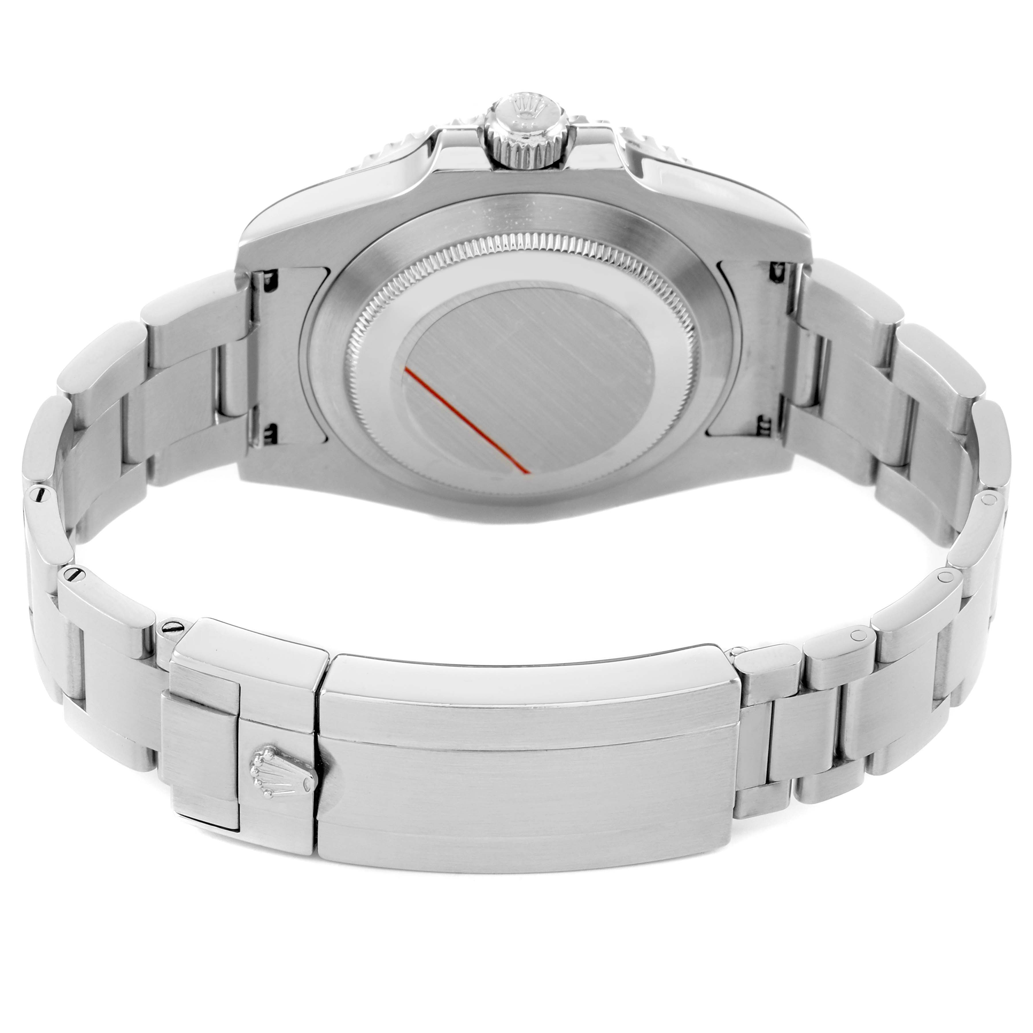 The Rolex Submariner 114060 Men's Stainless Steel Black Dial is shown from the back, displaying the case back, bracelet, and clasp.