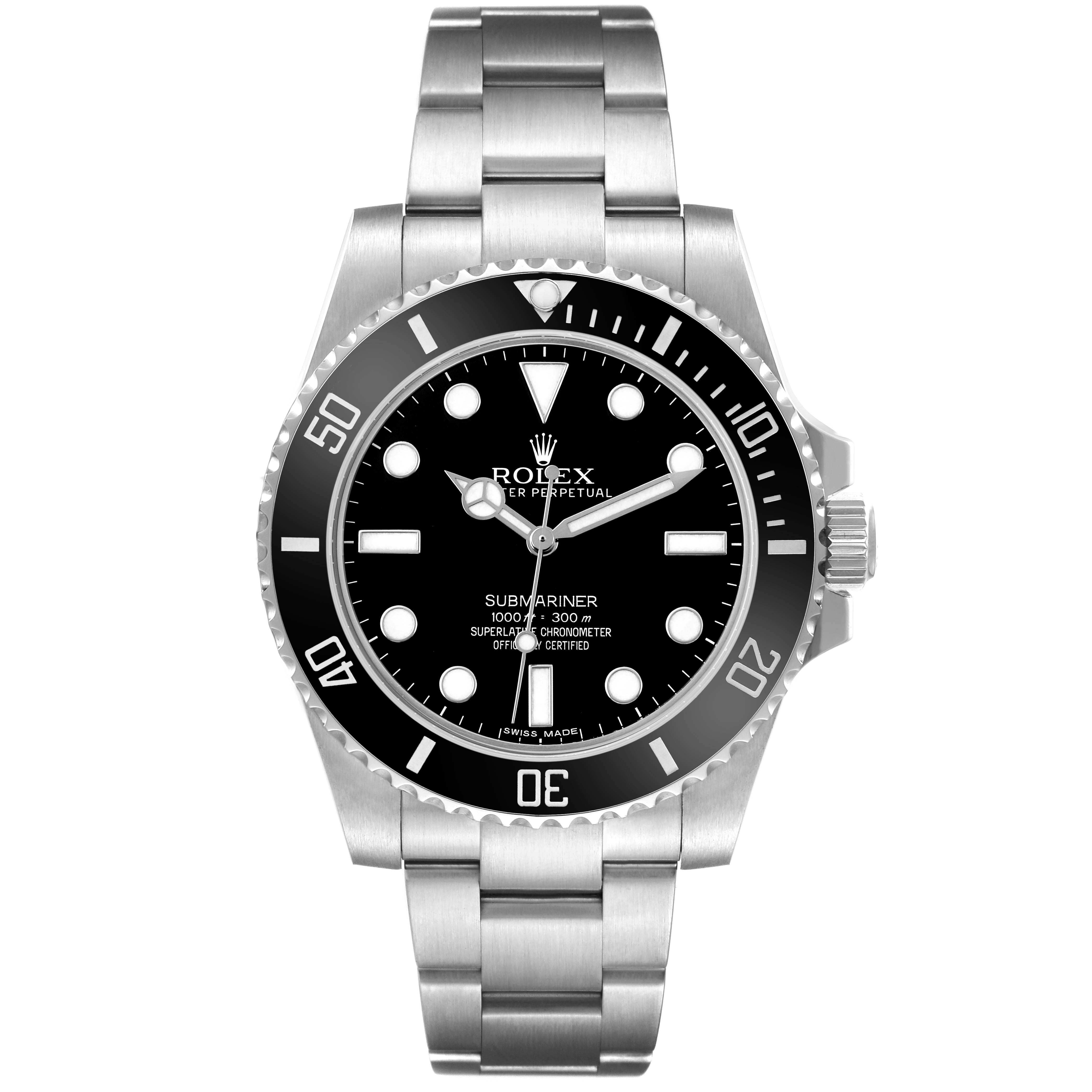 The Rolex Submariner 114060 Men's Stainless Steel Black Dial watch is shown from a front angle, displaying the face, bezel, and bracelet.