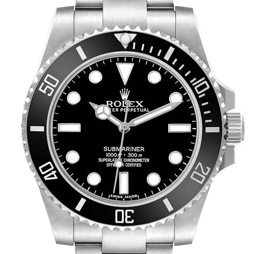 The Rolex Submariner 114060 Men's Stainless Steel Black Dial watch is shown from the front, displaying the dial, hands, markers, and part of the bracelet.