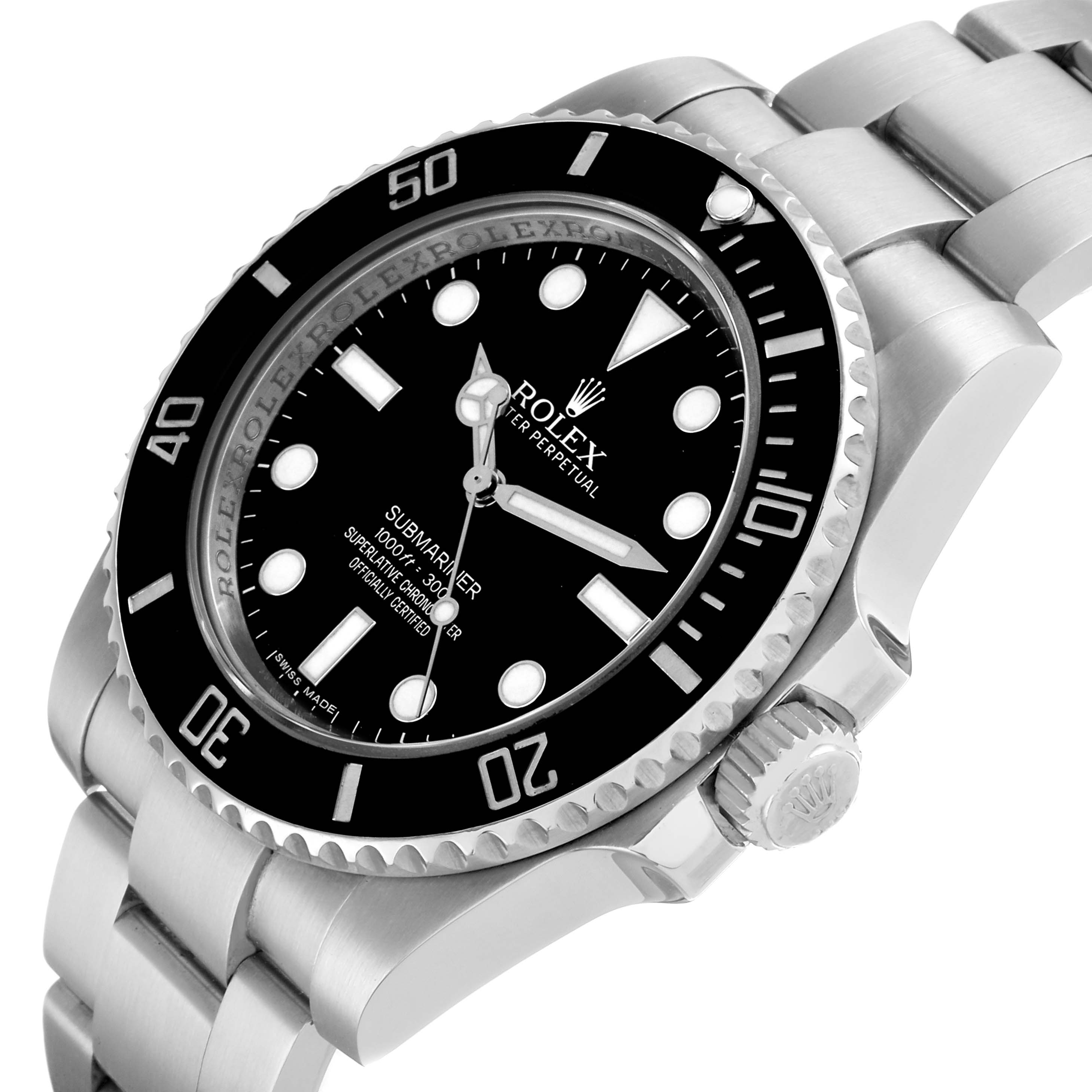 The Rolex Submariner 114060 Men's Stainless Steel Black Dial is shown from a three-quarter angle, highlighting the dial, bezel, and bracelet.