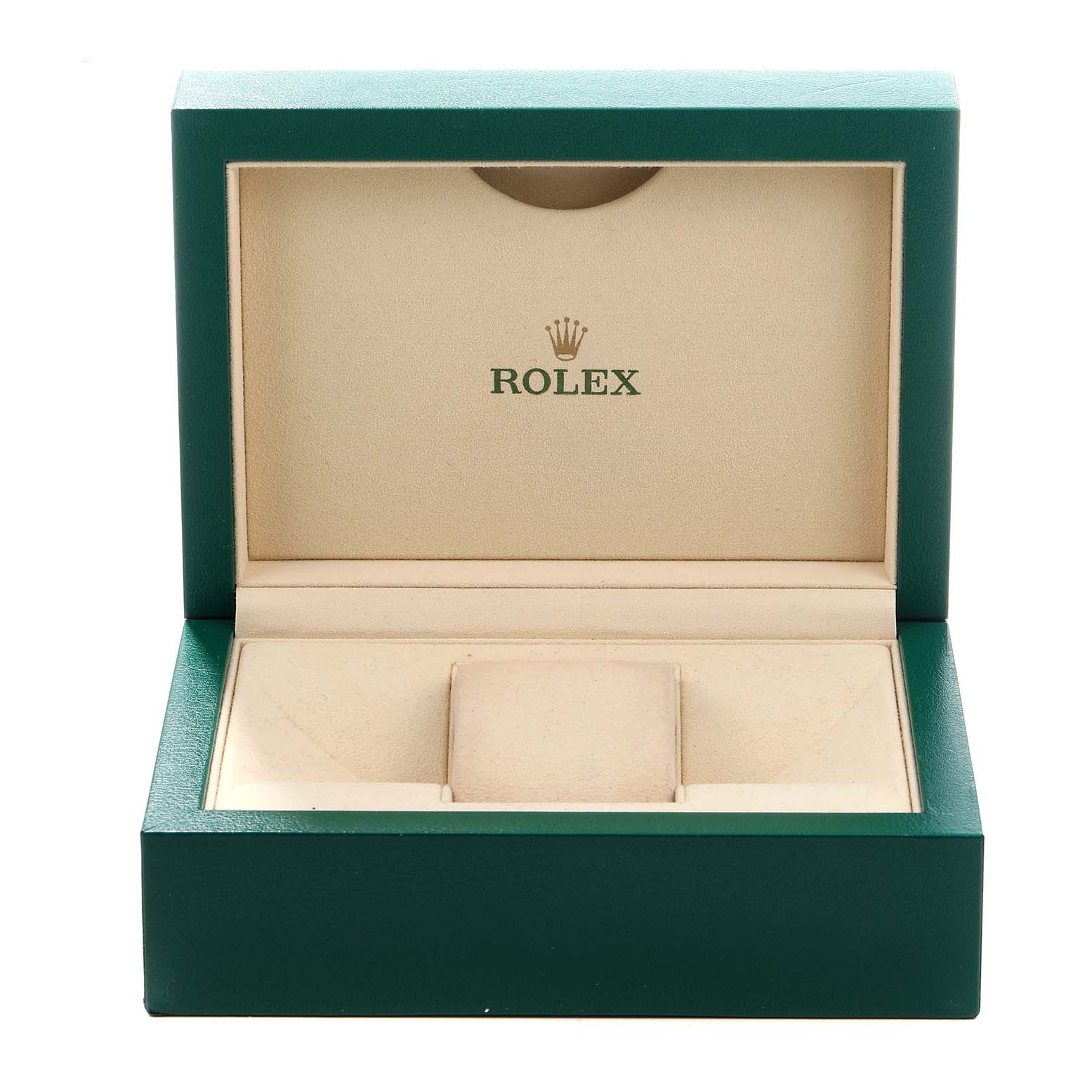 The image shows an open Rolex Submariner 114060 Men's Stainless Steel Black Dial watch box in green, displaying the inner compartment for the watch.