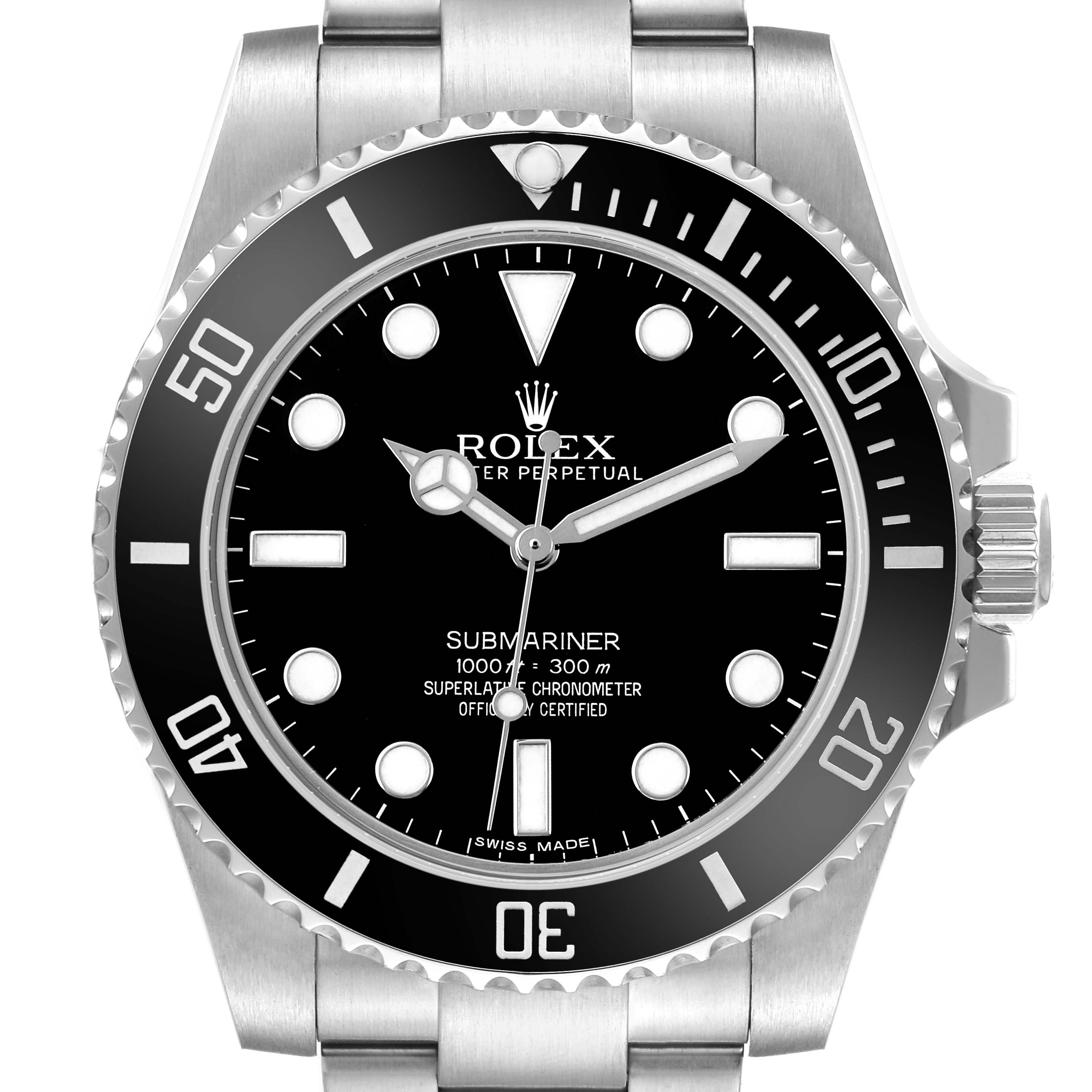 The Rolex Submariner 114060 Men's Stainless Steel Black Dial watch is shown from a front angle, highlighting its black dial, bezel, and stainless steel bracelet.