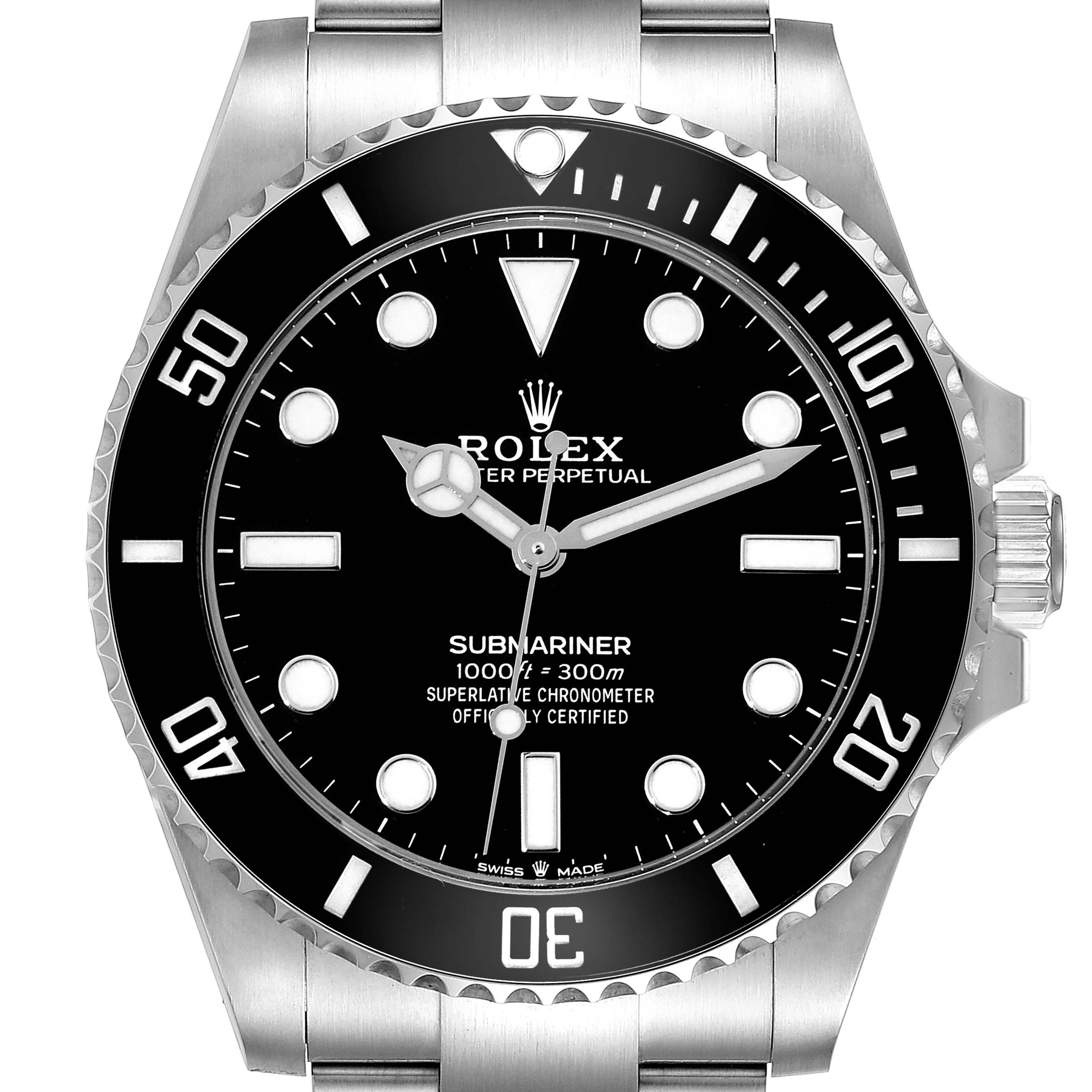This image shows the Rolex Submariner 124060 Men
s Stainless Steel Black Dial 124060 Men
s Stainless Steel Black Dial watch from a front angle, highlighting its dial, bezel, and crown.