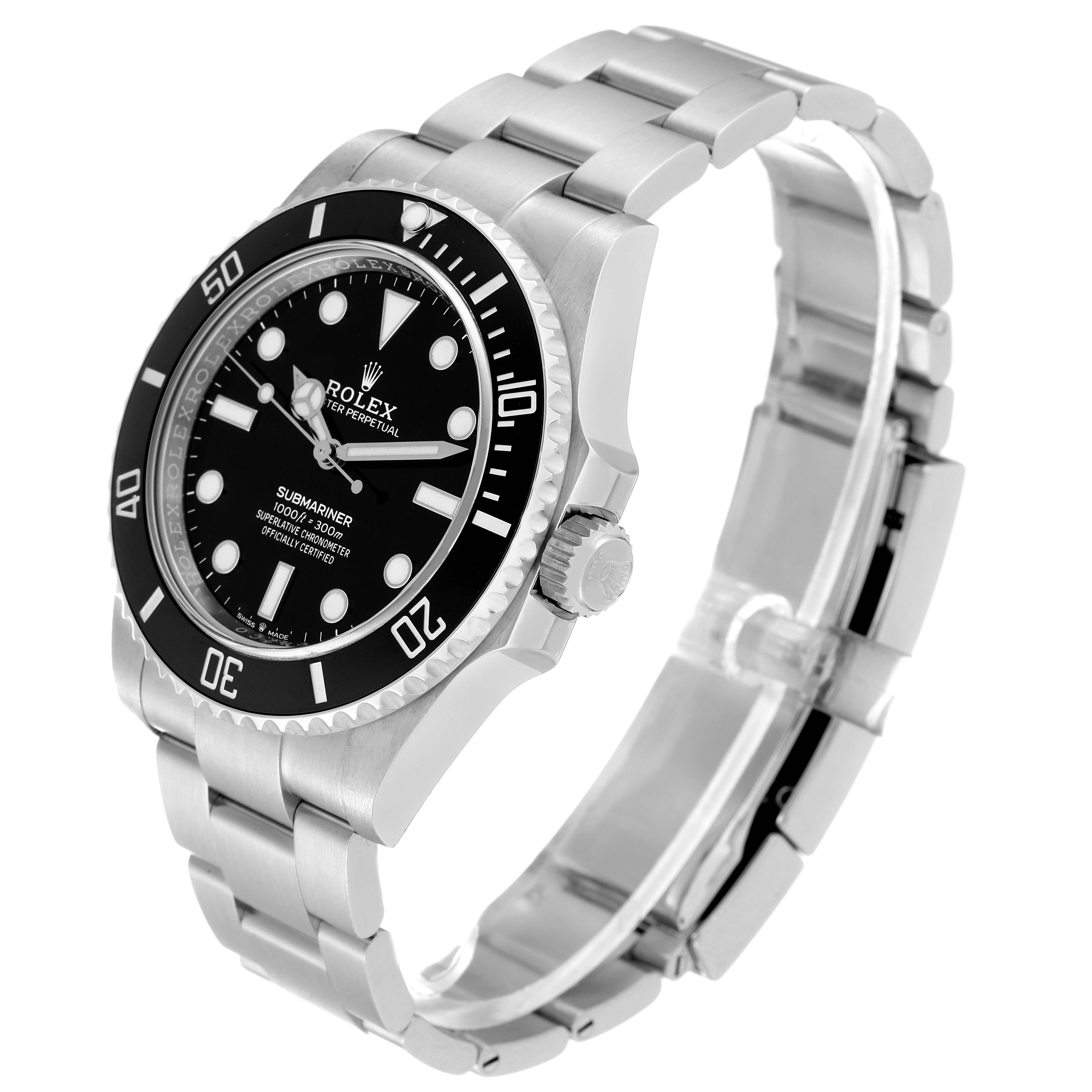 The image shows a Rolex Submariner 124060 Men
s Stainless Steel Black Dial 124060 Men
s Stainless Steel Black Dial watch at an angle, displaying the face, bezel, crown, and bracelet.