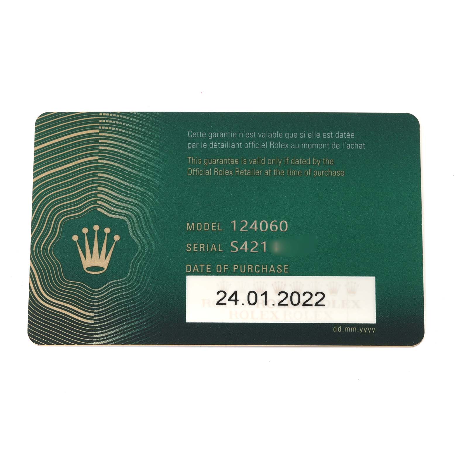 The image shows a warranty card for the Rolex Submariner 124060 Men
s Stainless Steel Black Dial 124060 Men
s Stainless Steel Black Dial model 124060, displaying serial number, and date of purchase.