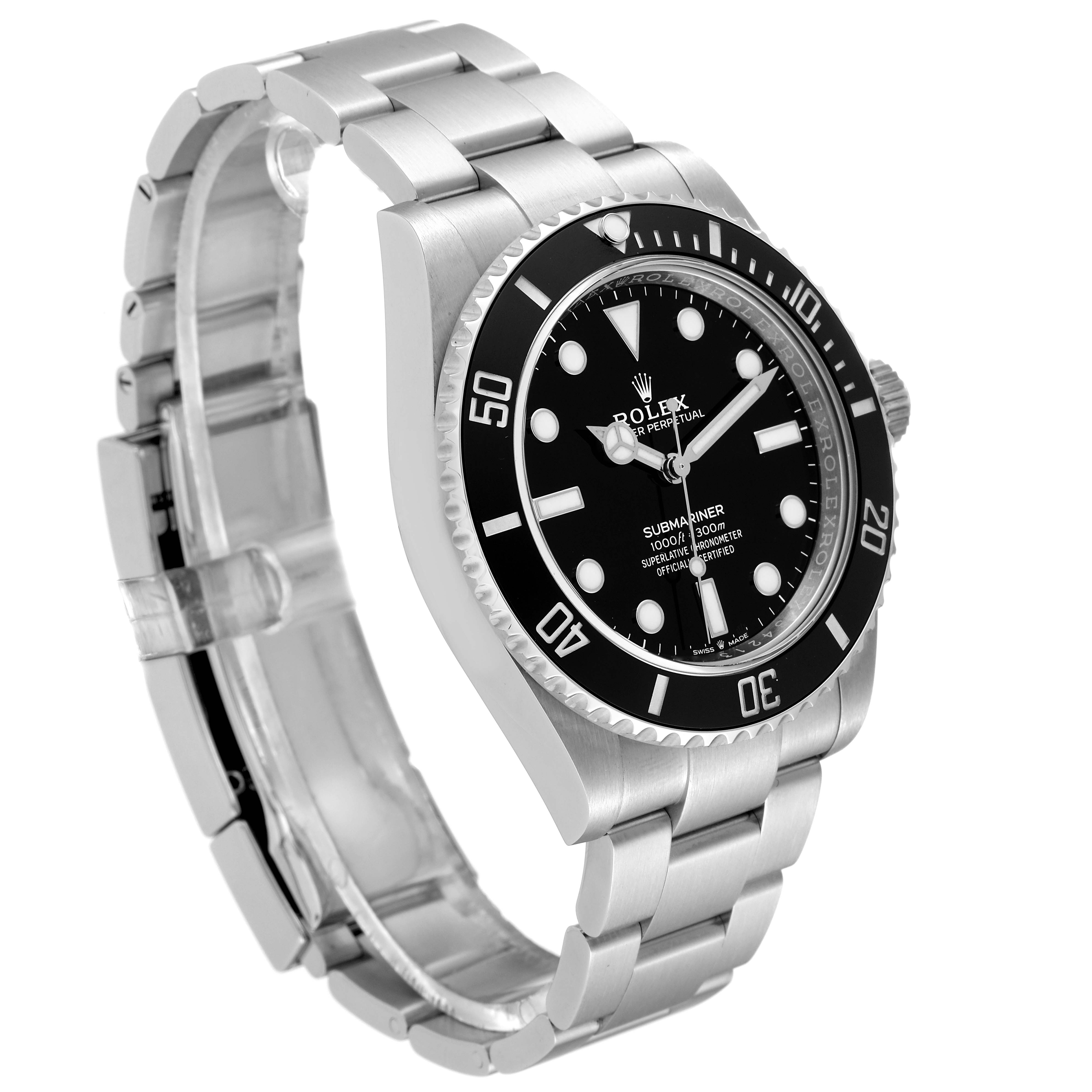 This image shows a Rolex Submariner 124060 Men
s Stainless Steel Black Dial 124060 Men
s Stainless Steel Black Dial watch at an angled side view, highlighting the bracelet, bezel, and dial.