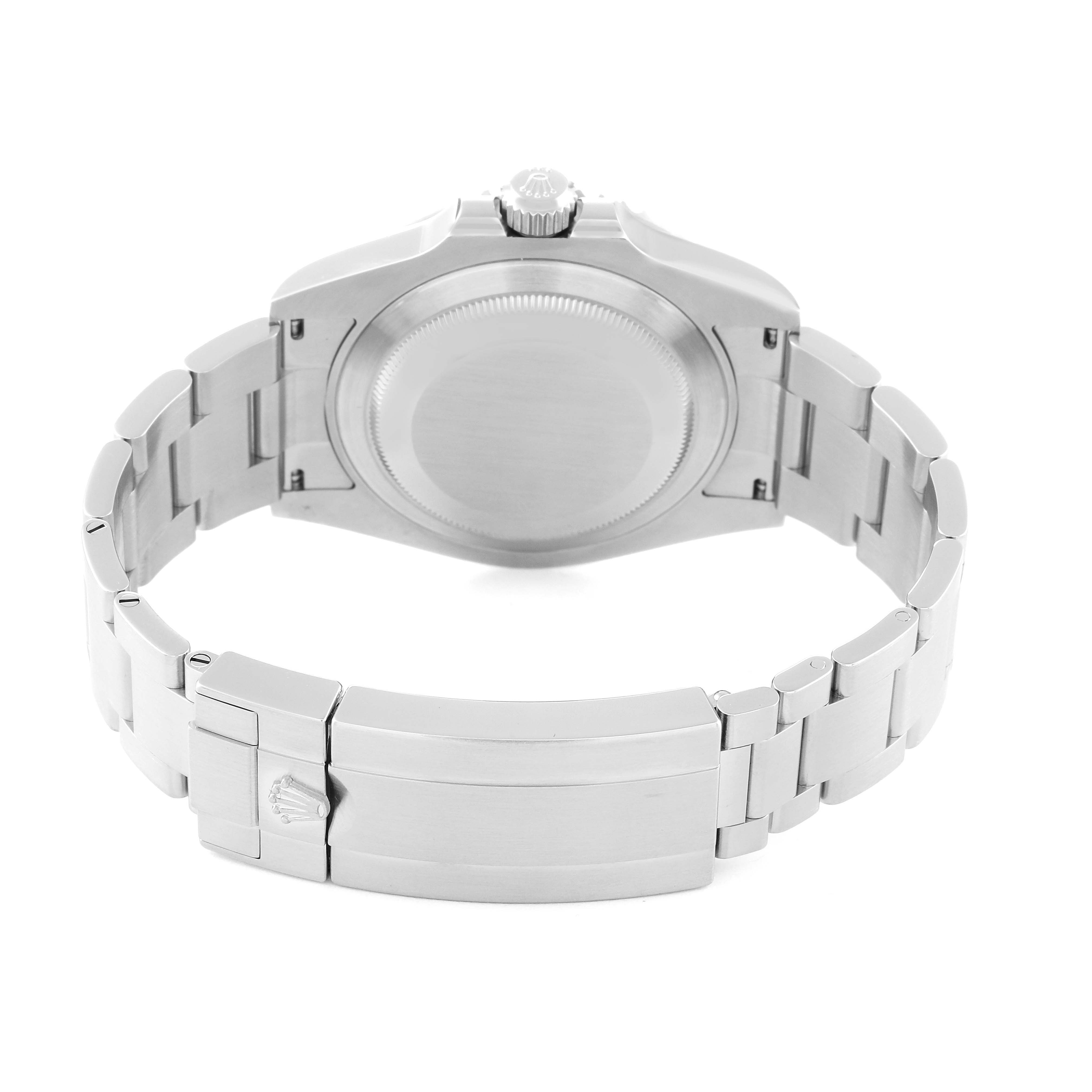 The image shows the back view and bracelet of a Rolex Submariner 124060 Men
s Stainless Steel Black Dial 124060 Men
s Stainless Steel Black Dial watch, highlighting the clasp and case back.