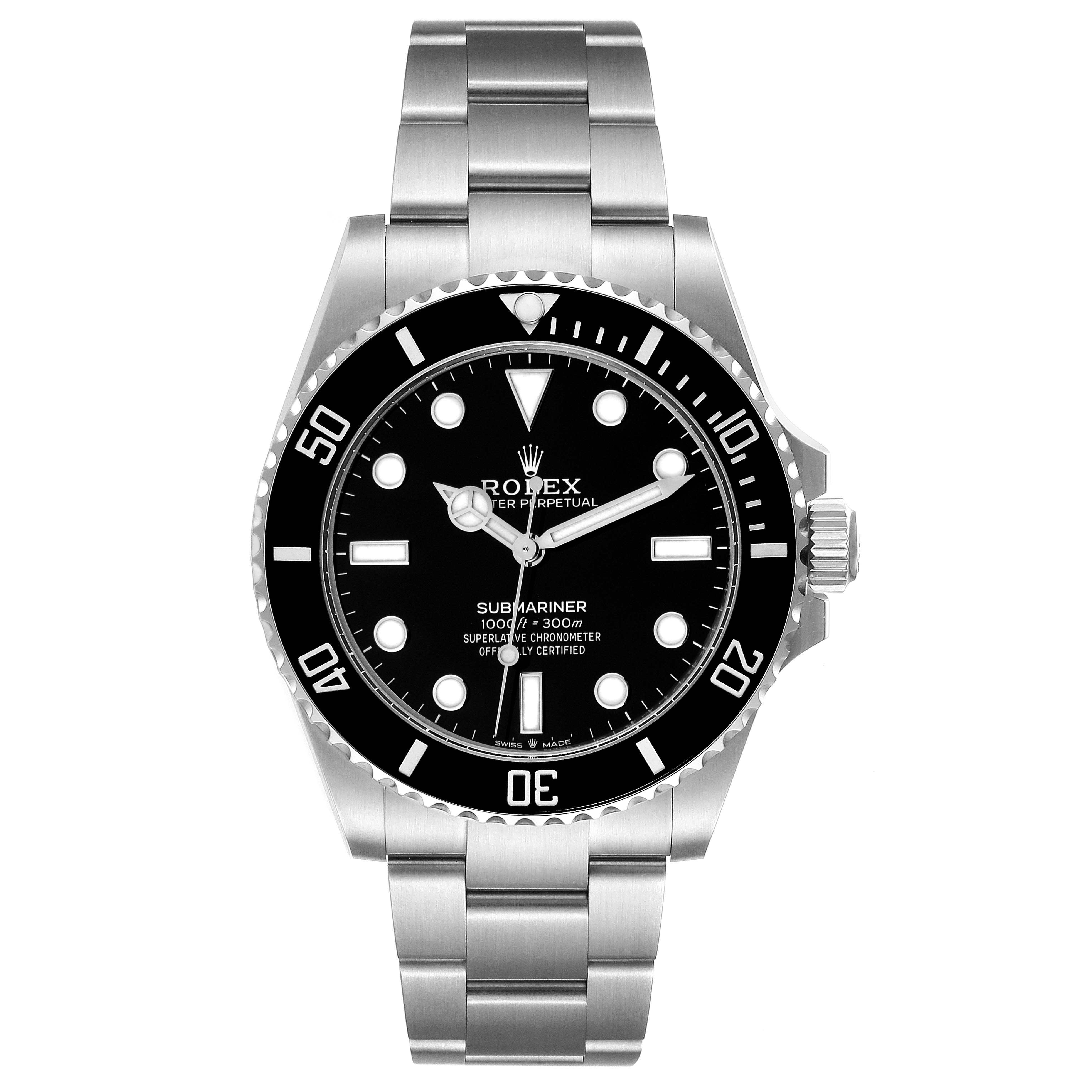 The image shows a front view of a Rolex Submariner 124060 Men
s Stainless Steel Black Dial 124060 Men
s Stainless Steel Black Dial watch, displaying its face, bezel, and bracelet.